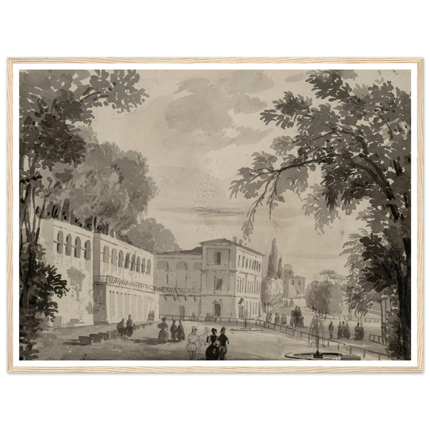 Veduta of the Aqueduct and Aranciera of the Villa Borghese, Rome Art Print | Ippolito Caffi - Framed Poster - 30x40 cm / 12x16″ - Black frame
