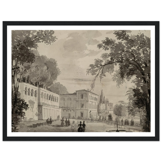 Veduta of the Aqueduct and Aranciera of the Villa Borghese, Rome Art Print | Ippolito Caffi - Framed Poster - 30x40 cm / 12x16″ - Black frame