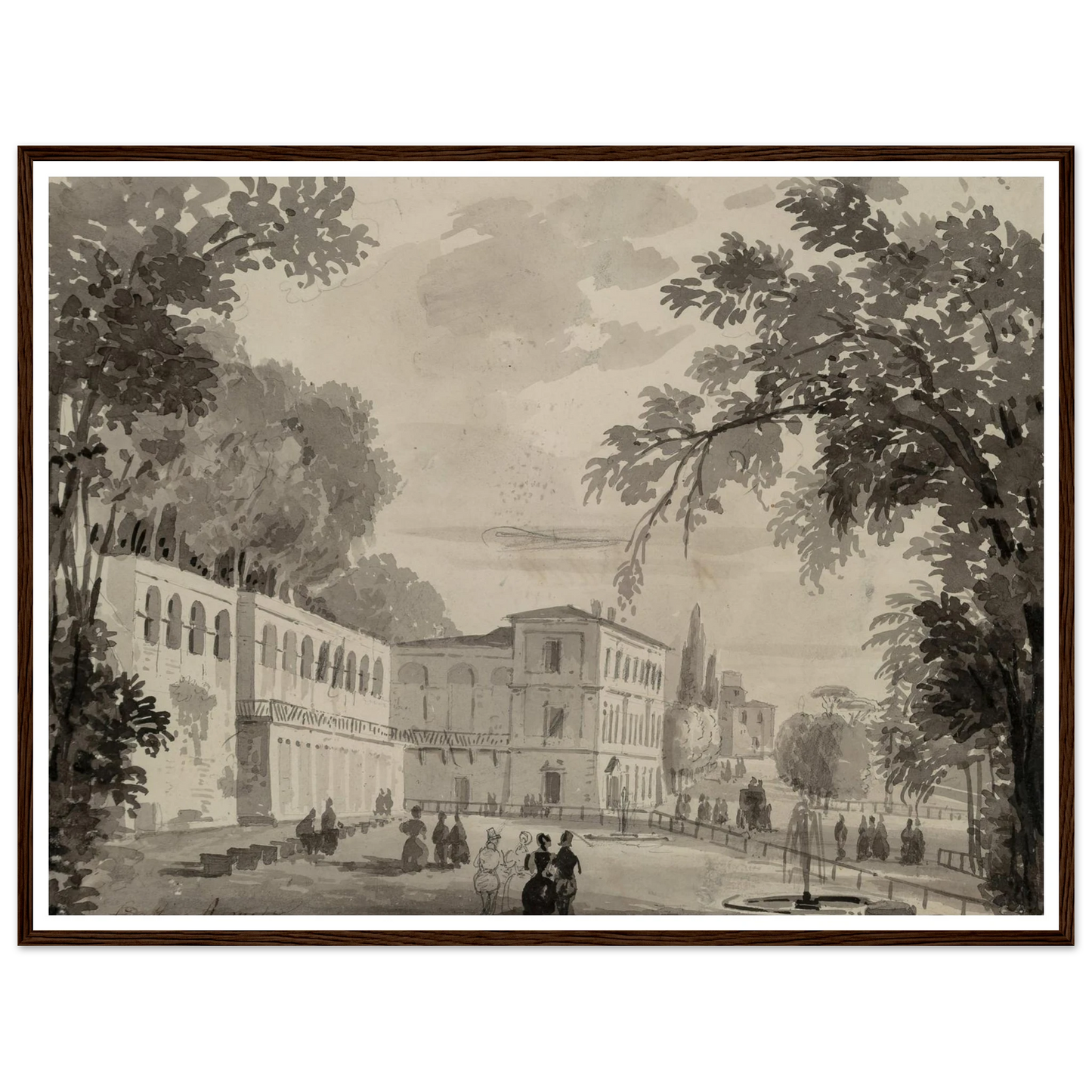 Veduta of the Aqueduct and Aranciera of the Villa Borghese, Rome Art Print | Ippolito Caffi - Framed Poster - 30x40 cm / 12x16″ - Black frame