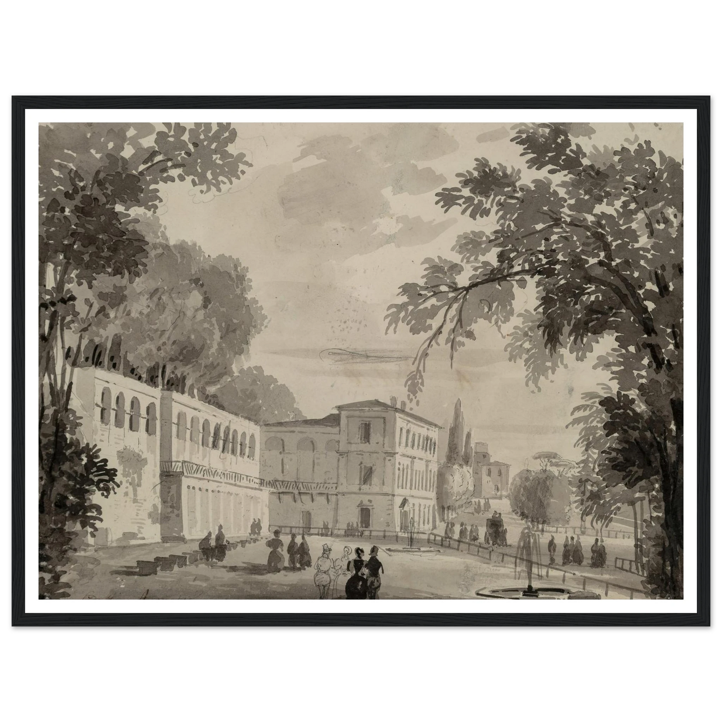 Veduta of the Aqueduct and Aranciera of the Villa Borghese, Rome Art Print | Ippolito Caffi - Framed Poster - 30x40 cm / 12x16″ - Black frame