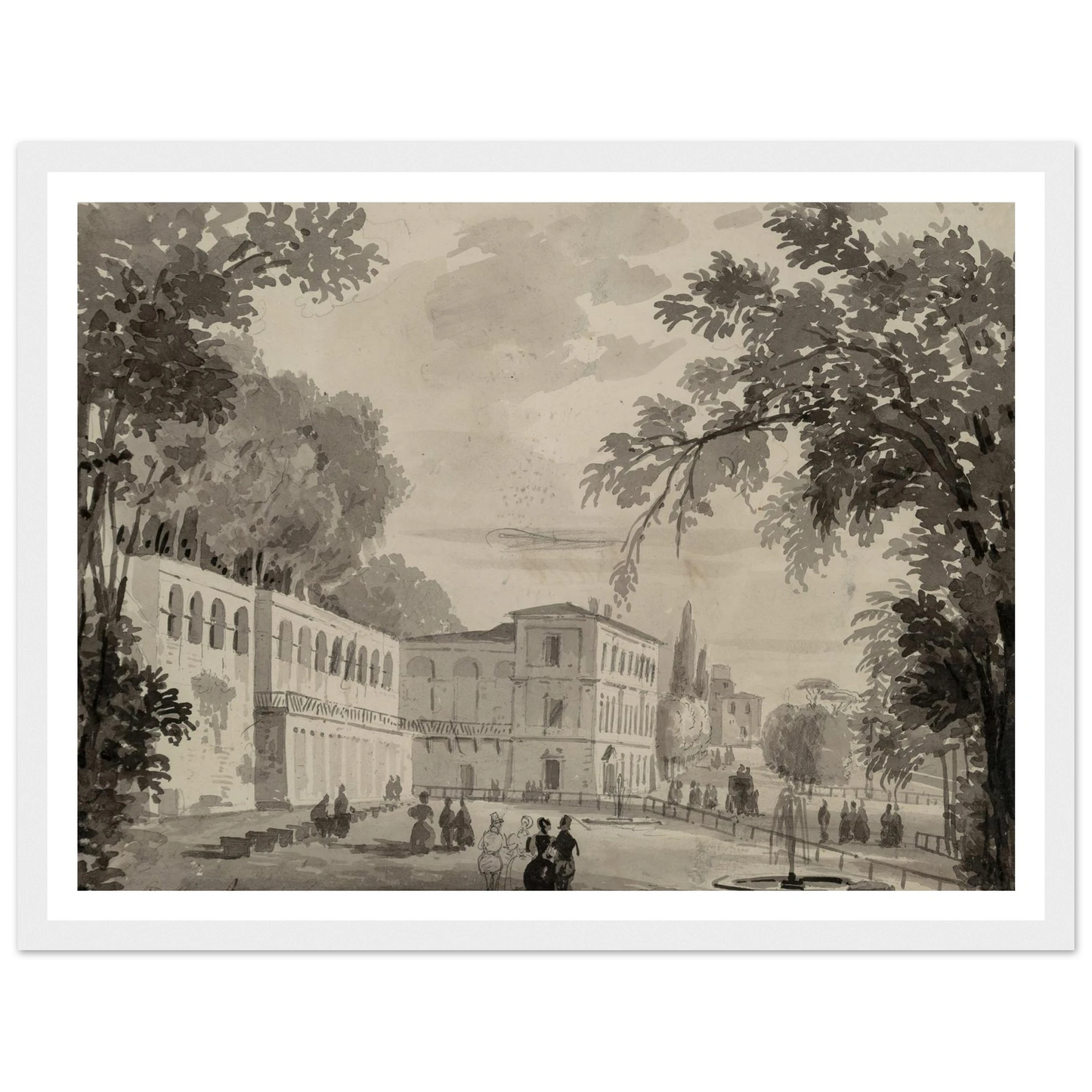 Veduta of the Aqueduct and Aranciera of the Villa Borghese, Rome Art Print | Ippolito Caffi - Framed Poster - 30x40 cm / 12x16″ - Black frame