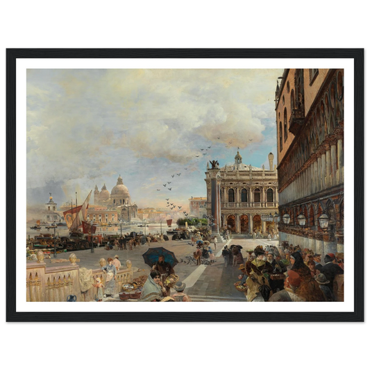 Venice, A View Of The Piazzetta, With The Biblioteca Marciana, Santa Maria Della Salute And The Dogana Art Print | Oswald Achenbach - Framed Poster - 30x40 cm / 12x16″ - Black frame