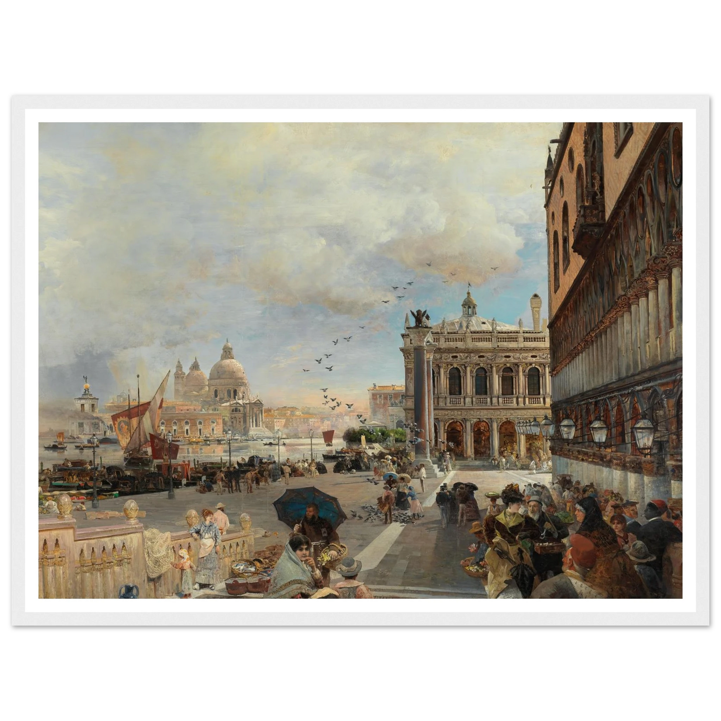 Venice, A View Of The Piazzetta, With The Biblioteca Marciana, Santa Maria Della Salute And The Dogana Art Print | Oswald Achenbach - Framed Poster - 30x40 cm / 12x16″ - Black frame