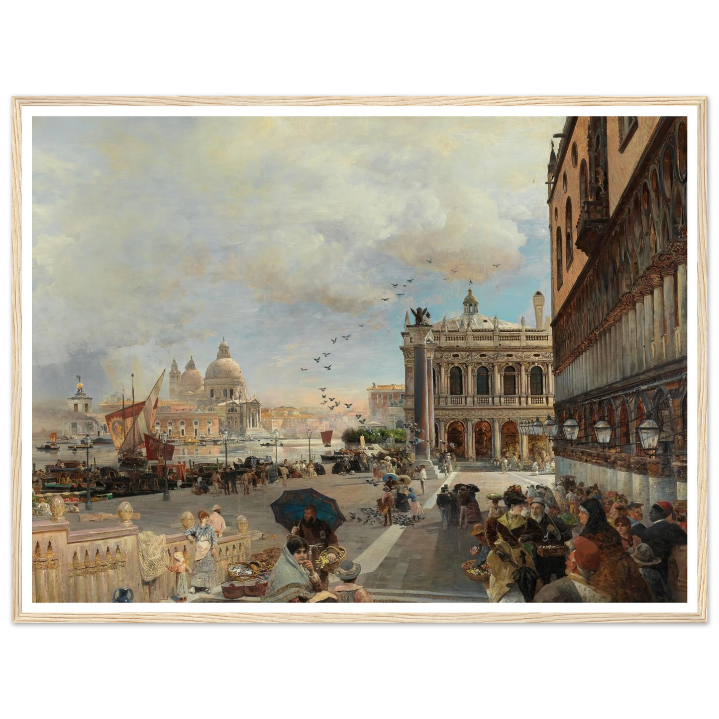 Venice, A View Of The Piazzetta, With The Biblioteca Marciana, Santa Maria Della Salute And The Dogana Art Print | Oswald Achenbach - Framed Poster - 30x40 cm / 12x16″ - Black frame