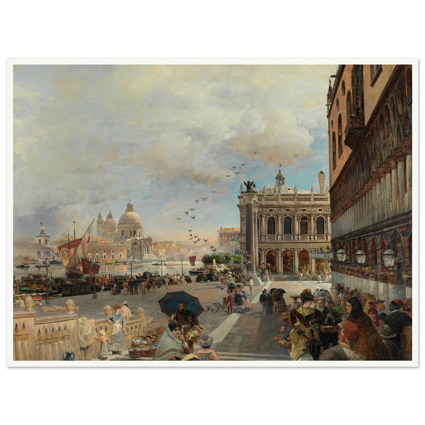 Venice, A View Of The Piazzetta, With The Biblioteca Marciana, Santa Maria Della Salute And The Dogana Art Print | Oswald Achenbach - Framed Poster - 30x40 cm / 12x16″ - Black frame
