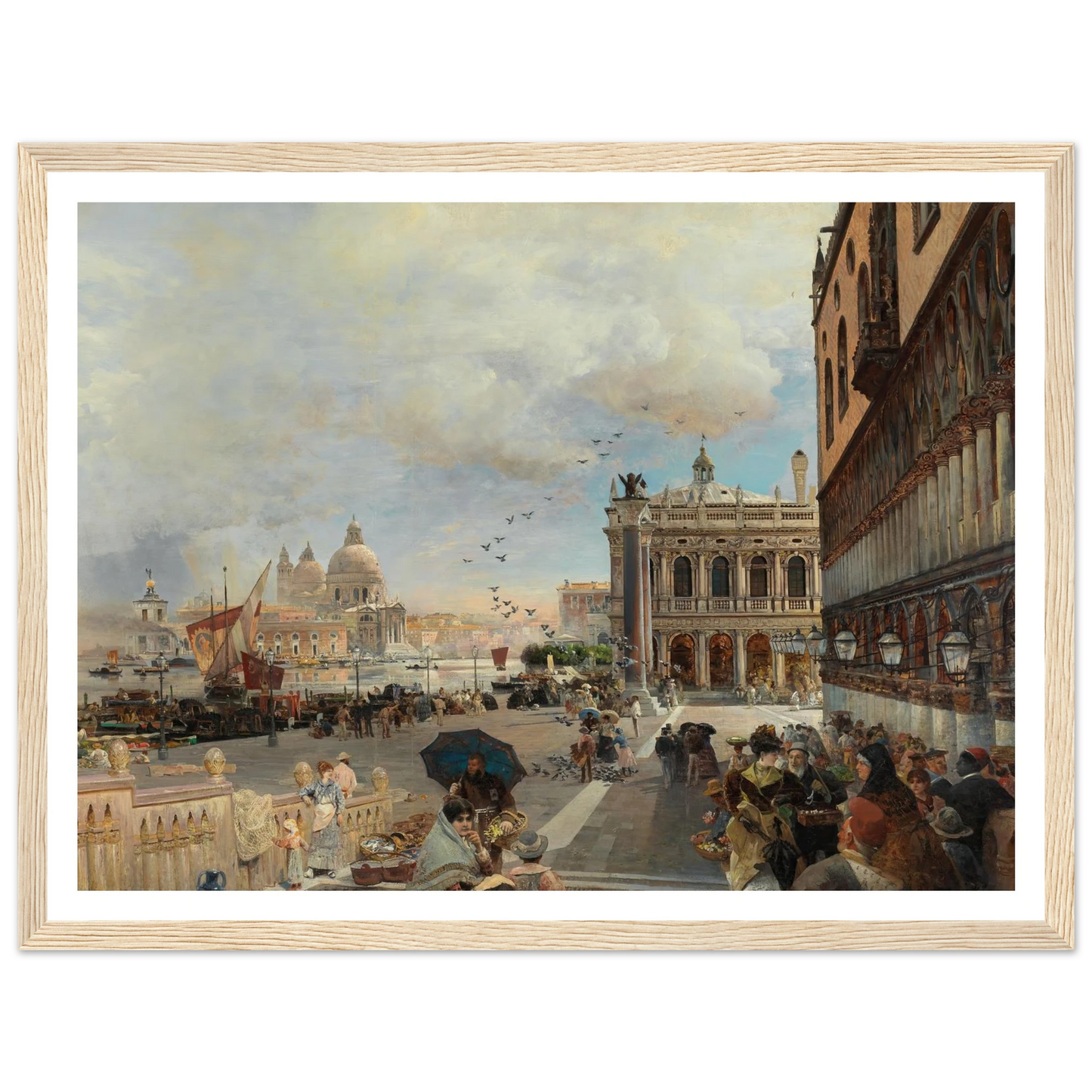 Venice, A View Of The Piazzetta, With The Biblioteca Marciana, Santa Maria Della Salute And The Dogana Art Print | Oswald Achenbach - Framed Poster - 30x40 cm / 12x16″ - Black frame