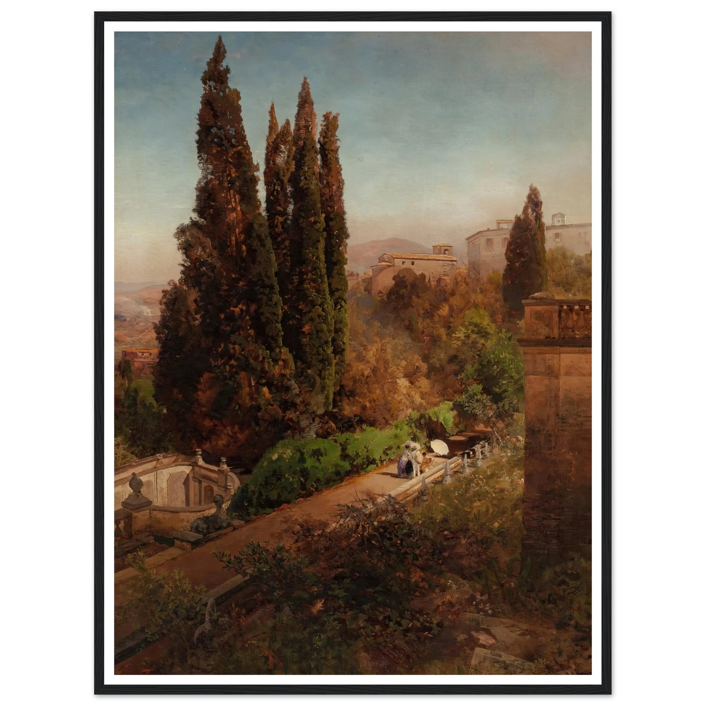 View from high in the gardens of Villa Torlonia, Frascati, Rome (1881) Art Print | Oswald Achenbach - Framed Poster - 30x40 cm / 12x16″ - Black frame