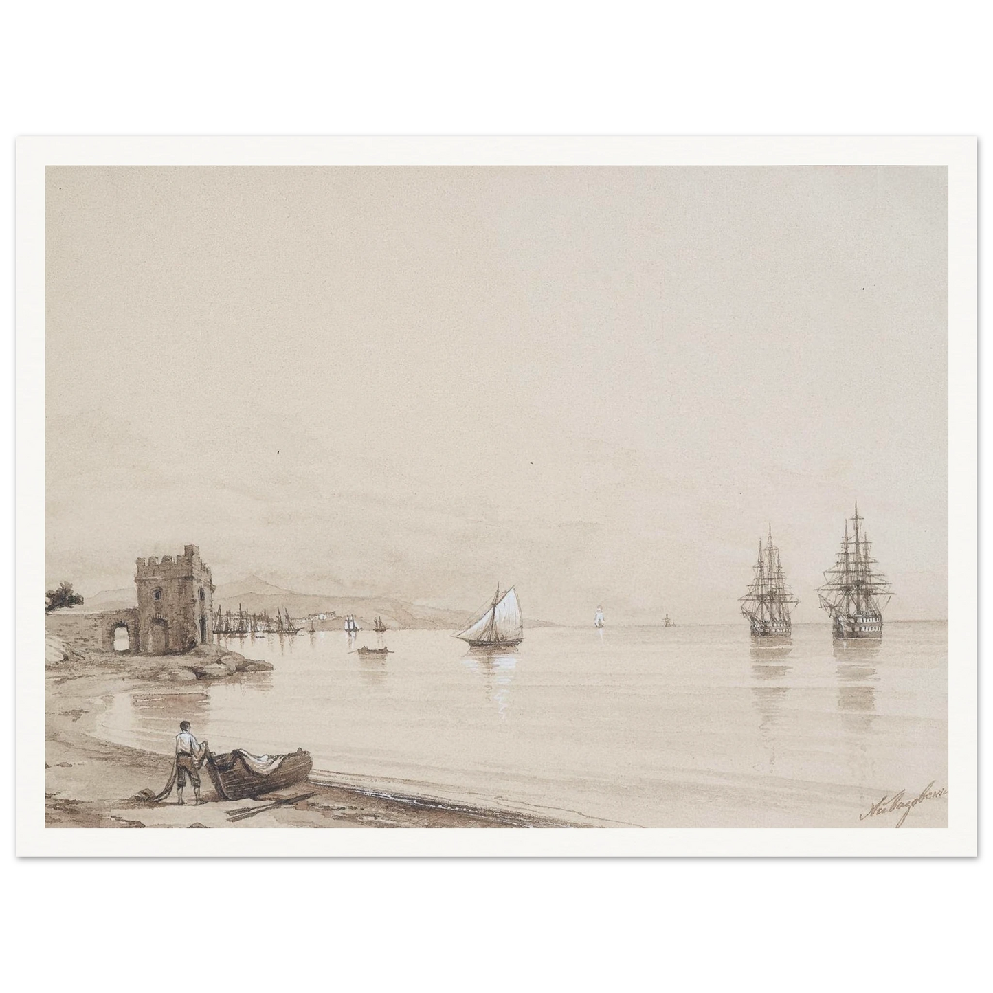 View of a bay with numerous sailing-ships Art Print | Ivan Konstantinovich Aivazovsky - Framed Poster - 30x40 cm / 12x16″ - Black frame