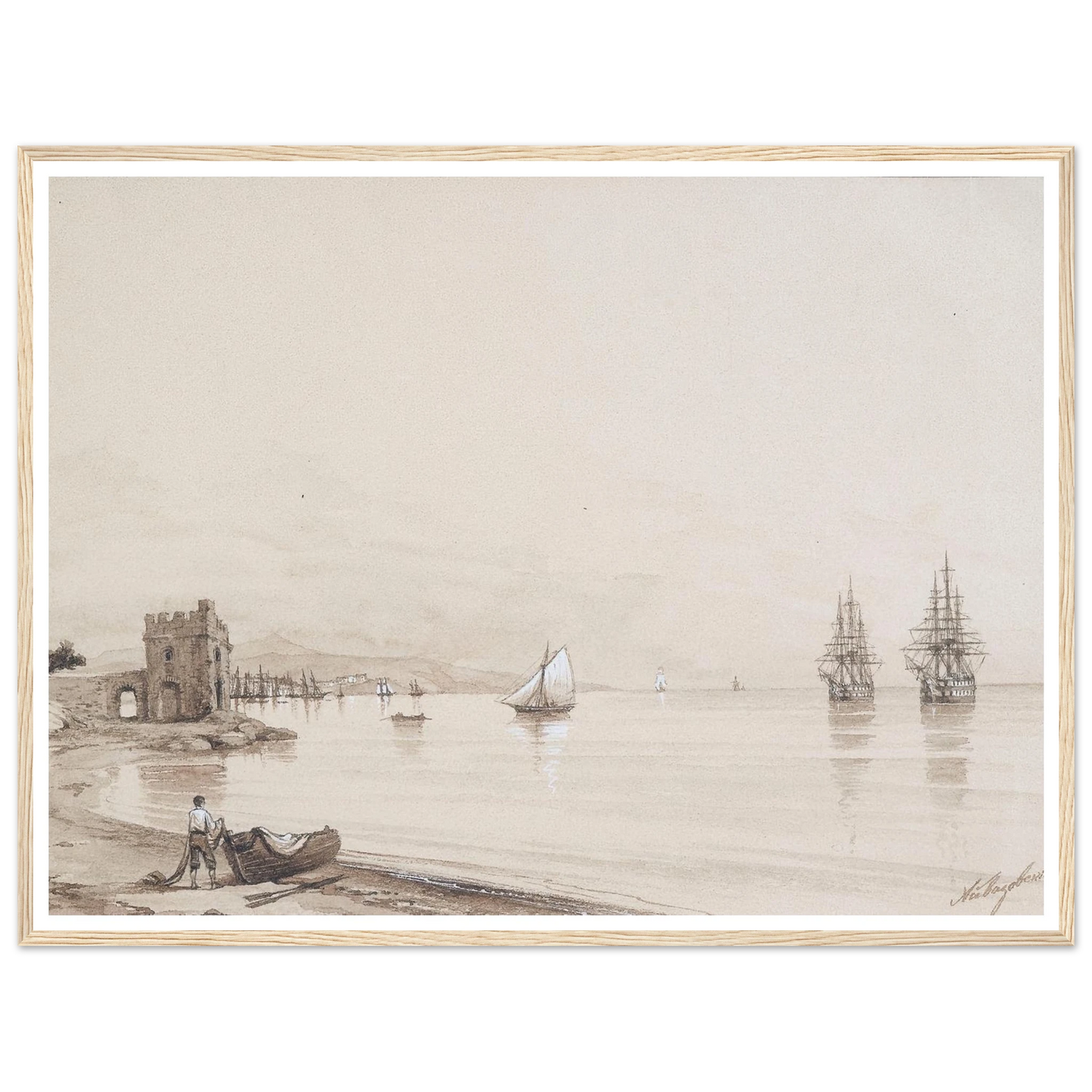 View of a bay with numerous sailing-ships Art Print | Ivan Konstantinovich Aivazovsky - Framed Poster - 30x40 cm / 12x16″ - Black frame