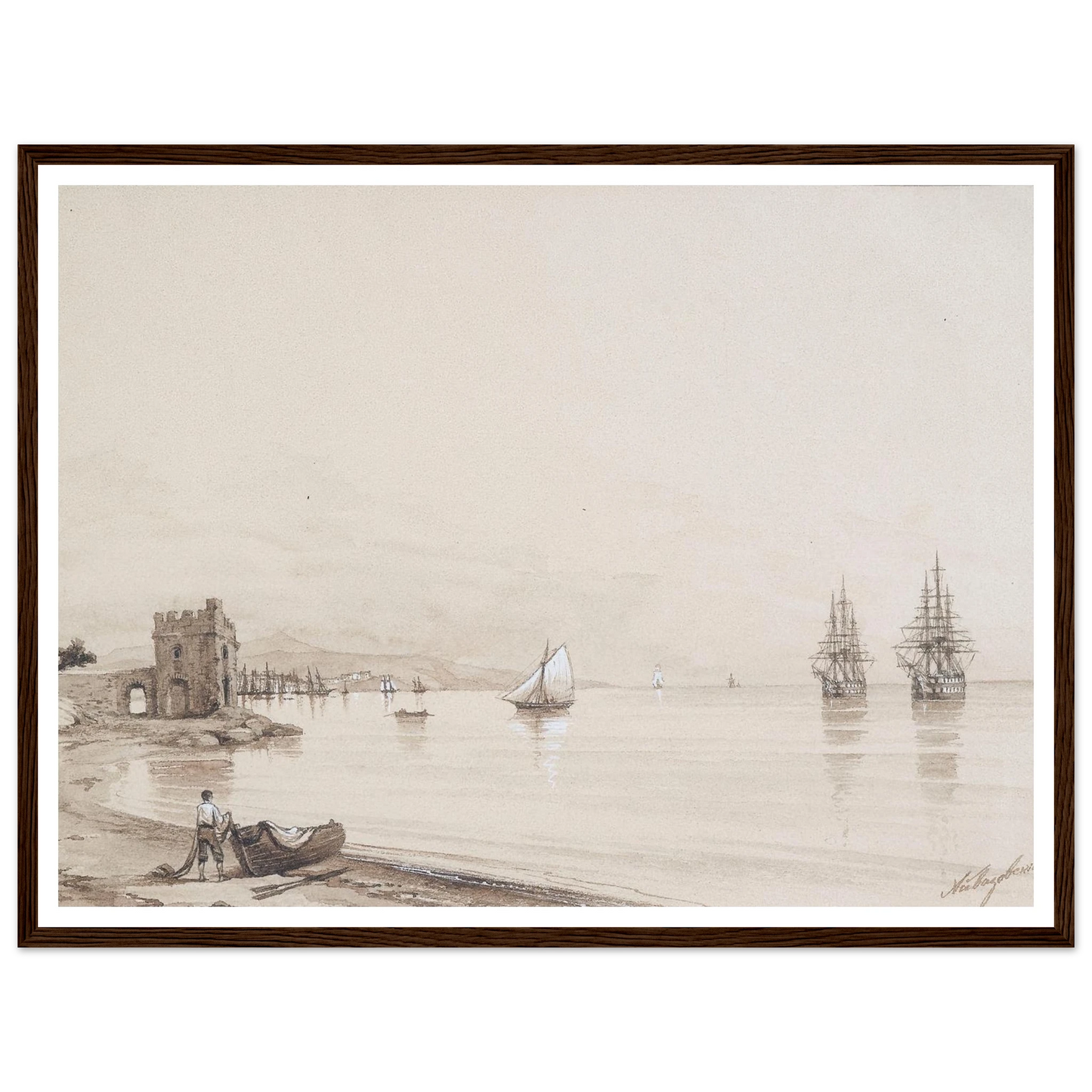 View of a bay with numerous sailing-ships Art Print | Ivan Konstantinovich Aivazovsky - Framed Poster - 30x40 cm / 12x16″ - Black frame