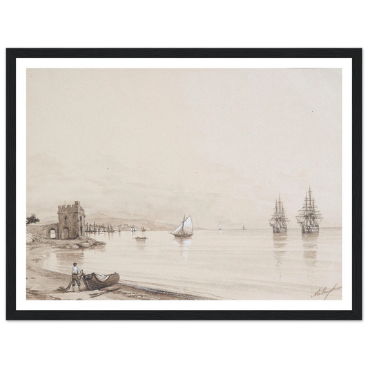 View of a bay with numerous sailing-ships Art Print | Ivan Konstantinovich Aivazovsky - Framed Poster - 30x40 cm / 12x16″ - Black frame