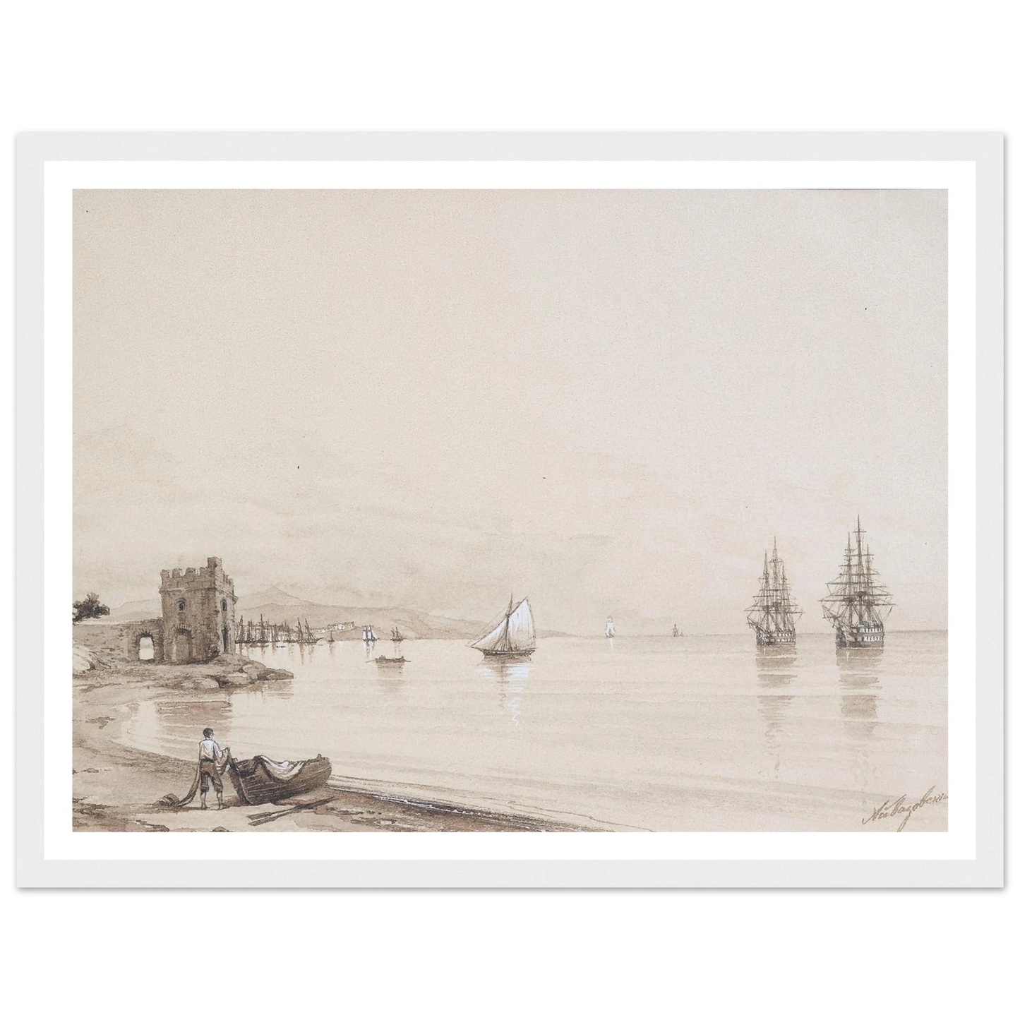 View of a bay with numerous sailing-ships Art Print | Ivan Konstantinovich Aivazovsky - Framed Poster - 30x40 cm / 12x16″ - Black frame
