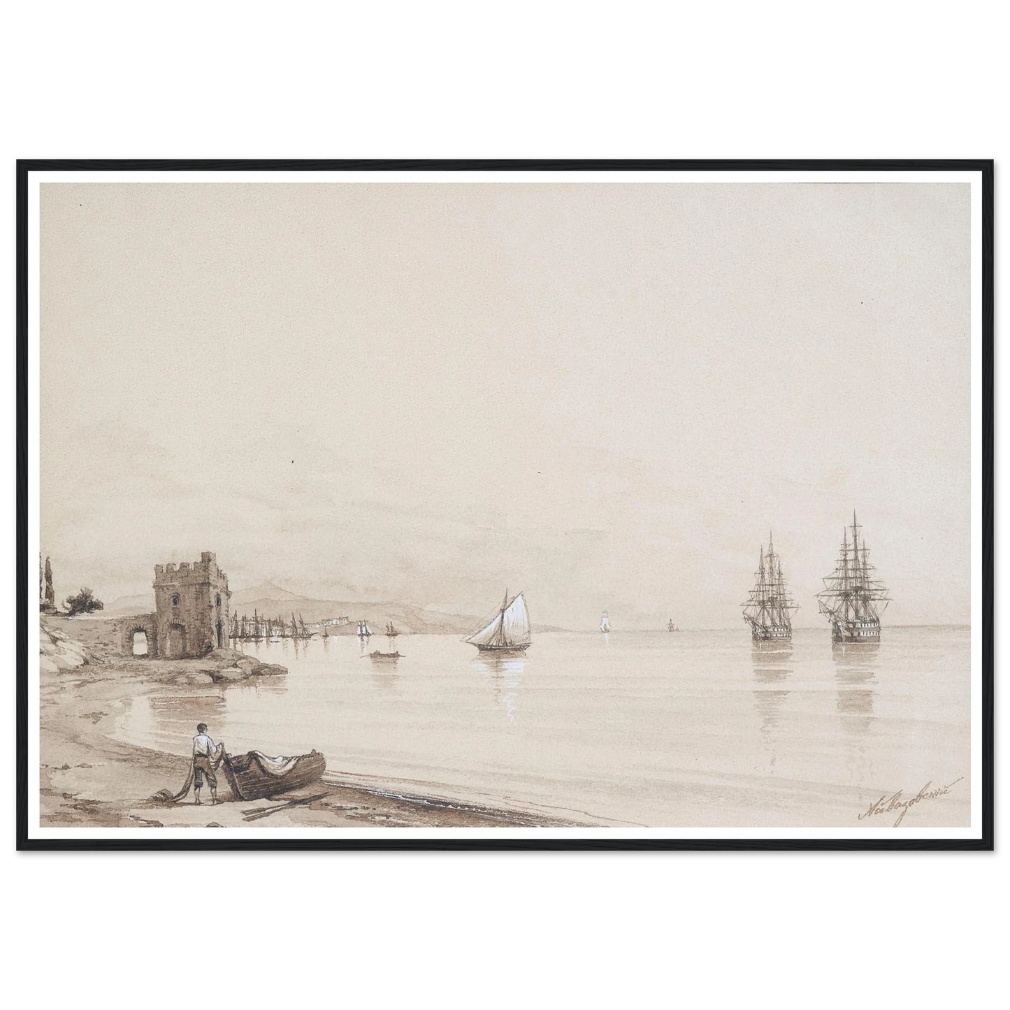 View of a bay with numerous sailing-ships Art Print | Ivan Konstantinovich Aivazovsky - Framed Poster - 30x40 cm / 12x16″ - Black frame