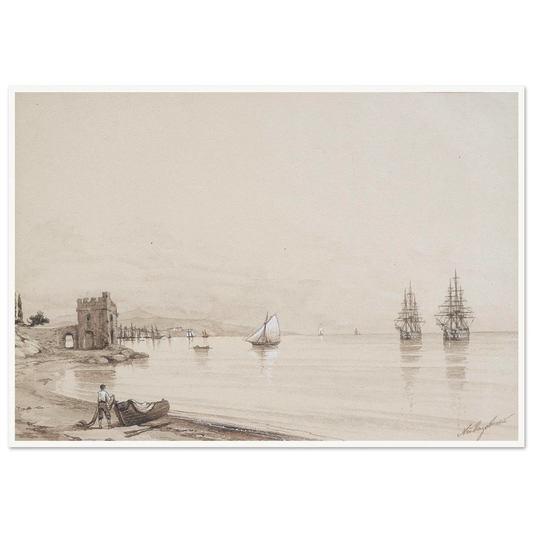 View of a bay with numerous sailing-ships Art Print | Ivan Konstantinovich Aivazovsky - Framed Poster - 30x40 cm / 12x16″ - Black frame