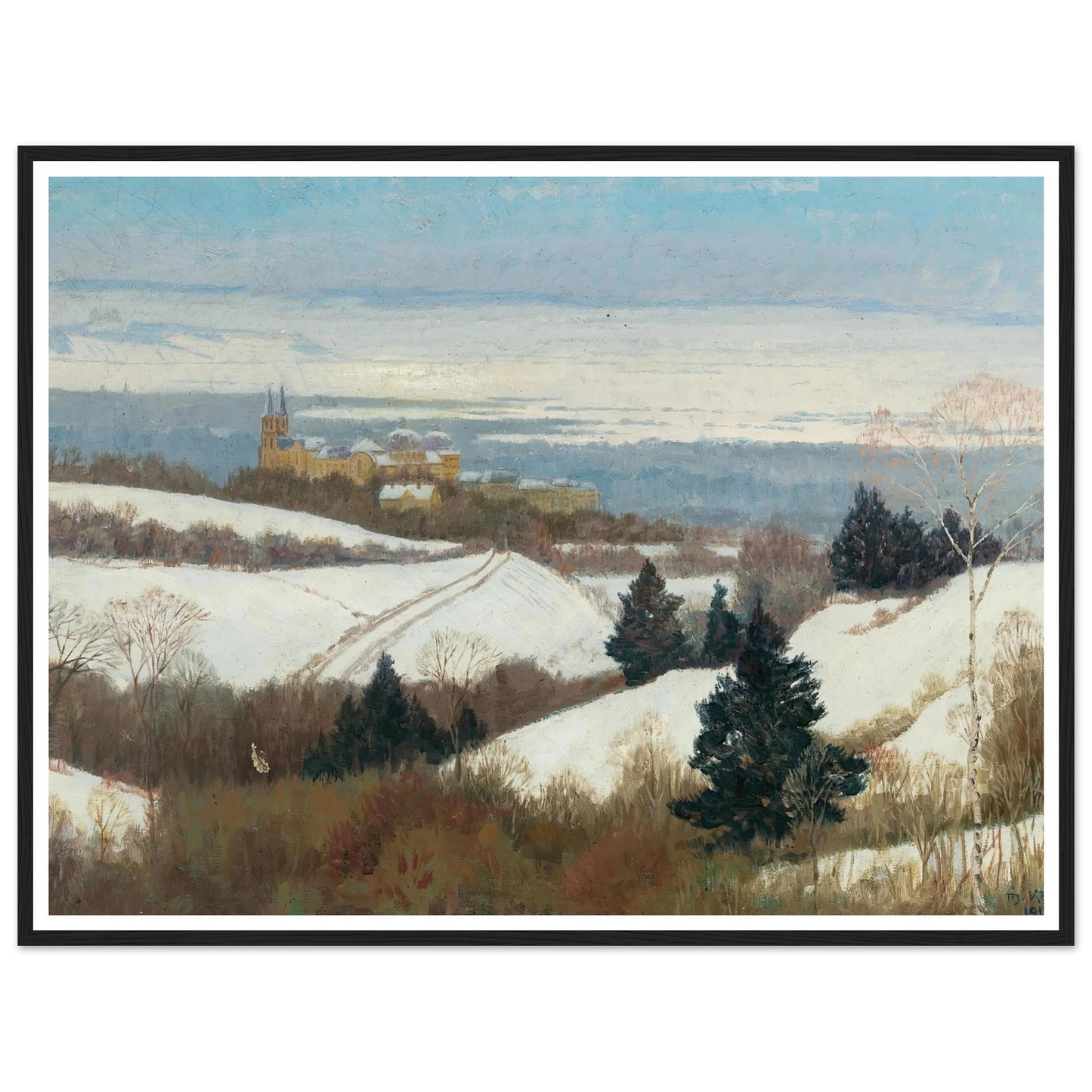 View of Klosterneuburg in winter Art Print | Max Kahrer - Framed Poster - 30x40 cm / 12x16″ - Black frame