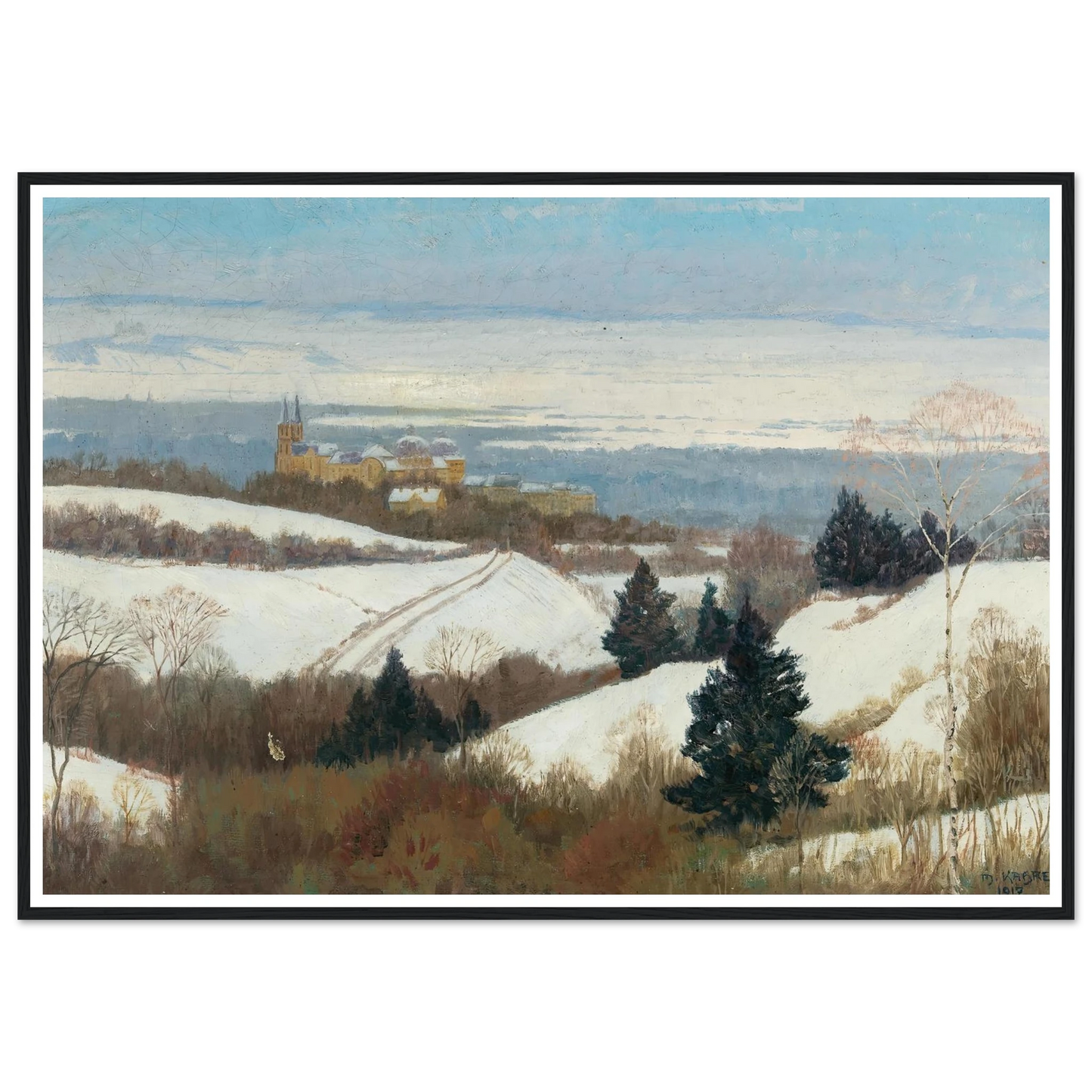 View of Klosterneuburg in winter Art Print | Max Kahrer - Framed Poster - 30x40 cm / 12x16″ - Black frame