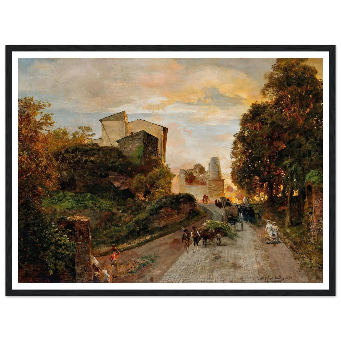 Village street at sunset (1894) Art Print | Oswald Achenbach - Framed Poster - 30x40 cm / 12x16″ - Black frame