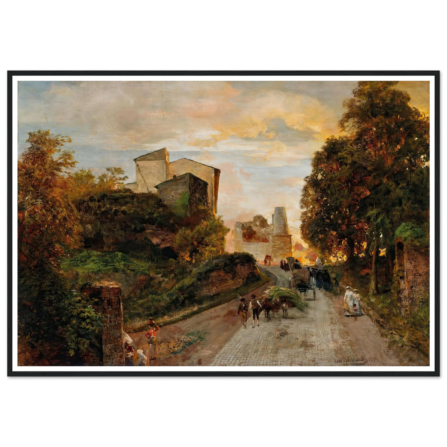 Village street at sunset (1894) Art Print | Oswald Achenbach - Framed Poster - 30x40 cm / 12x16″ - Black frame