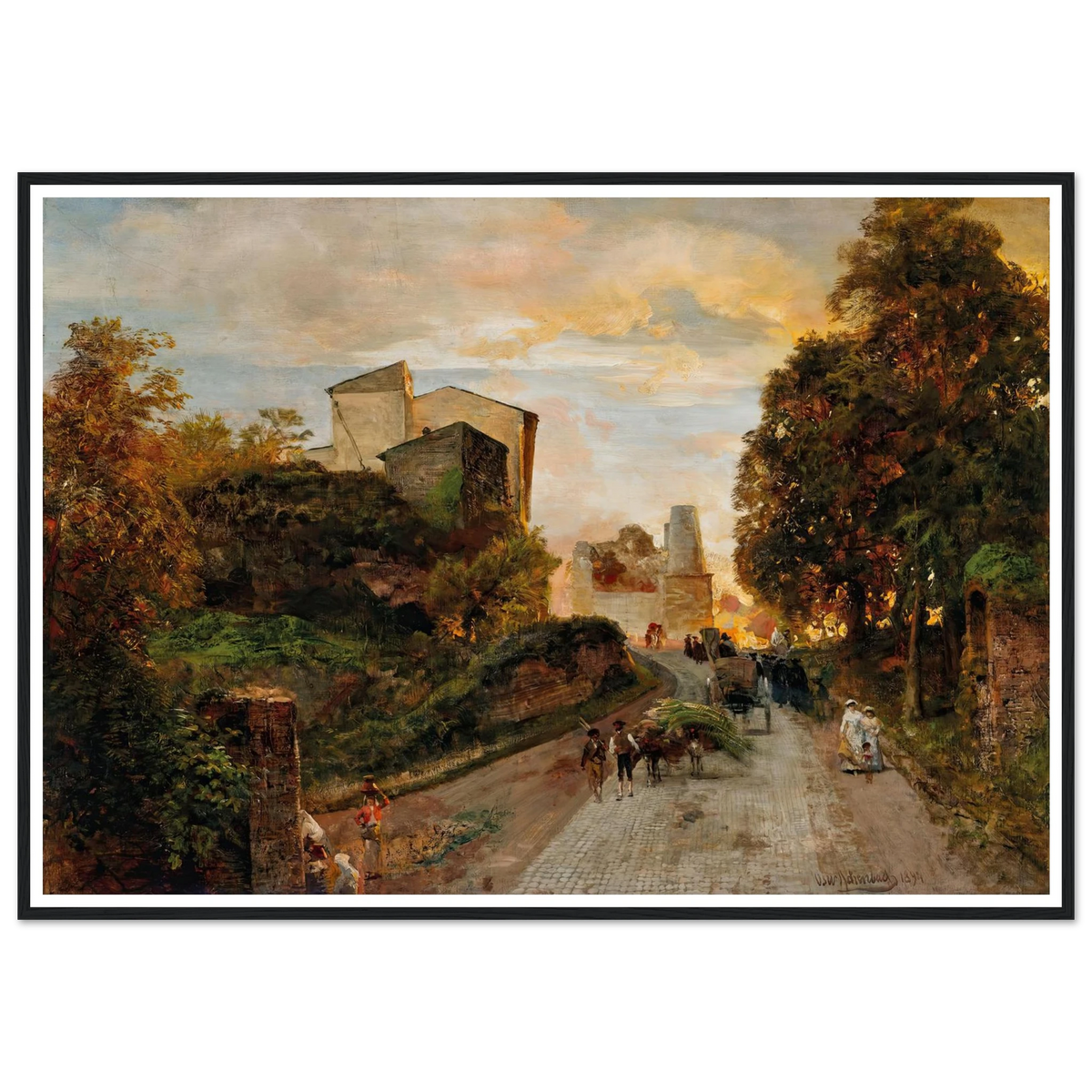 Village street at sunset (1894) Art Print | Oswald Achenbach - Framed Poster - 30x40 cm / 12x16″ - Black frame