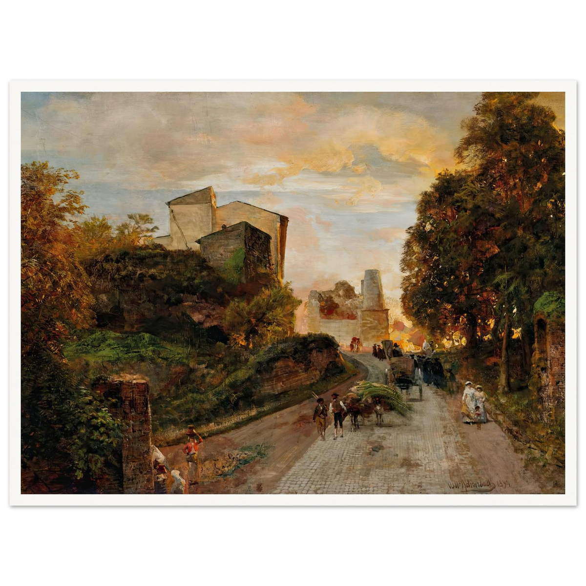 Village street at sunset (1894) Art Print | Oswald Achenbach - Framed Poster - 30x40 cm / 12x16″ - Black frame