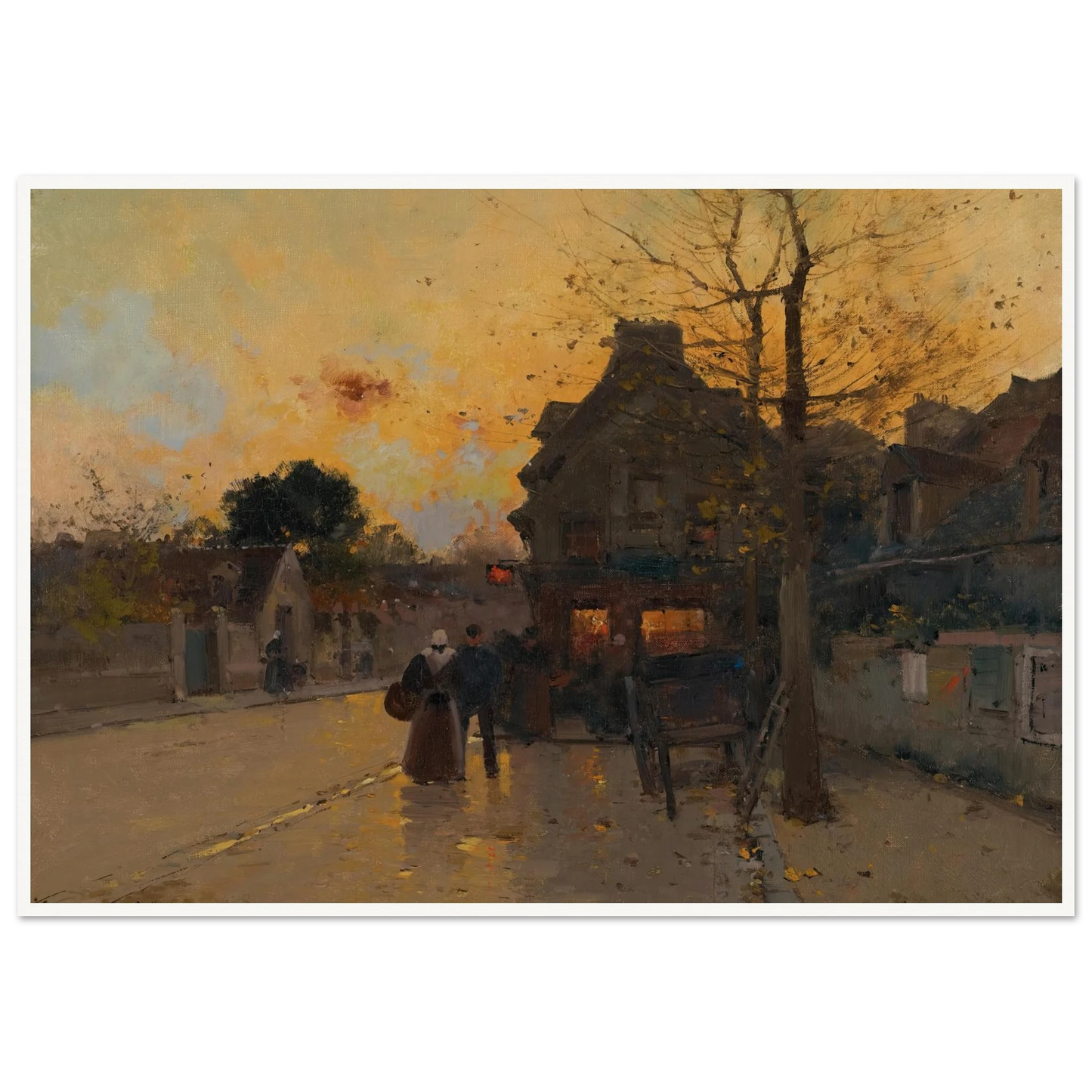 Village, Un Soir D’automne Art Print | Eugene Galien Laloue - Framed Poster - 30x40 cm / 12x16″ - Black frame