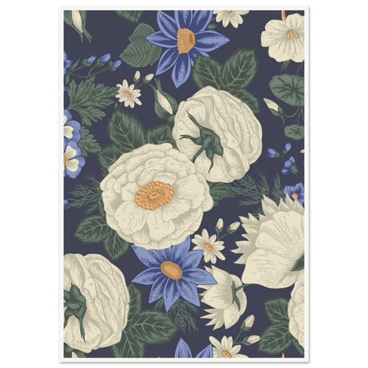 Violet & White Serenity Art Print | William Morris Inspired - Framed Poster - 30x30 cm / 12x12″ - Black frame