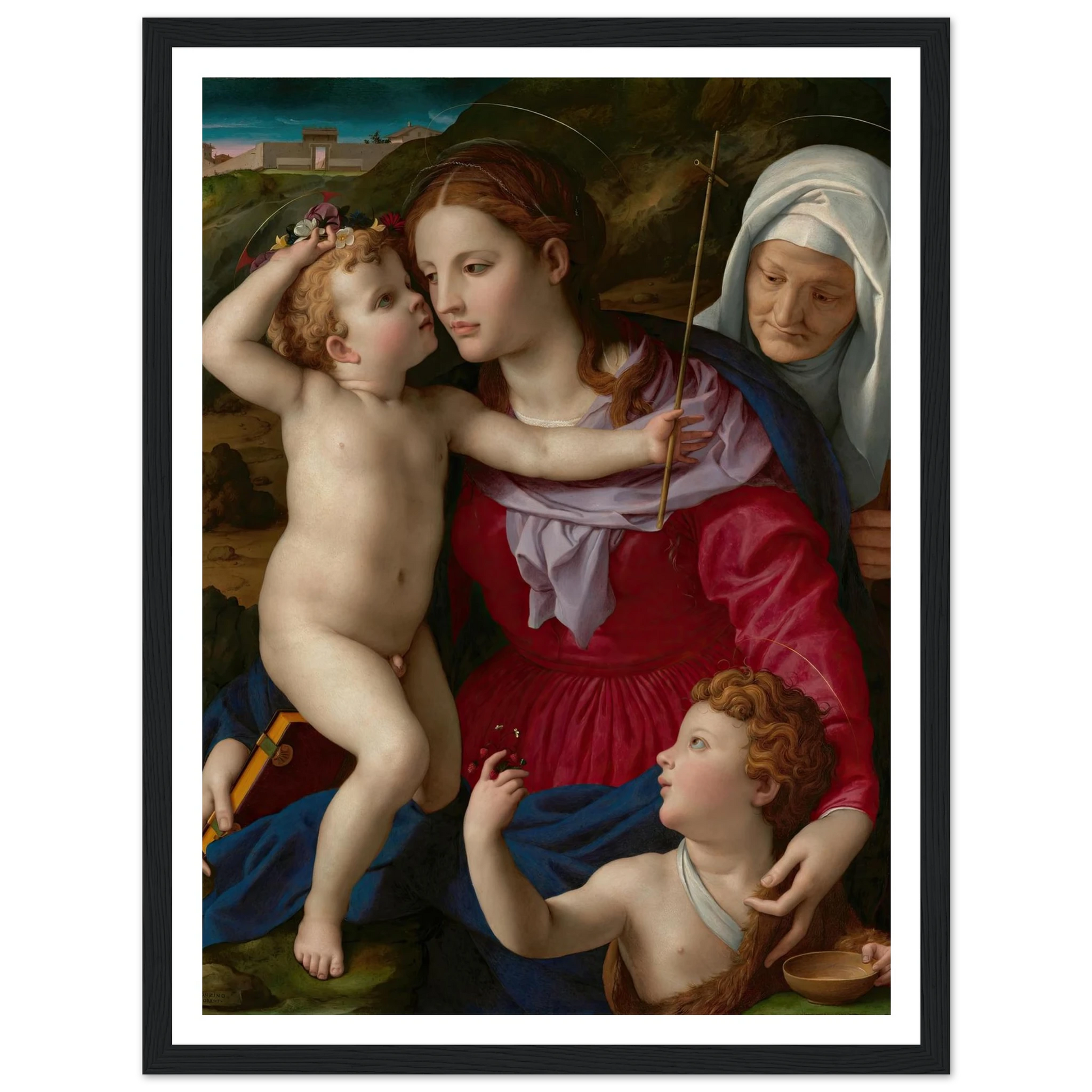 Virgin and Child with Saint Elizabeth and Saint John the Baptist (1540–1545) Art Print | Agnolo Bronzino - Framed Poster - 30x40 cm / 12x16″ - Black frame
