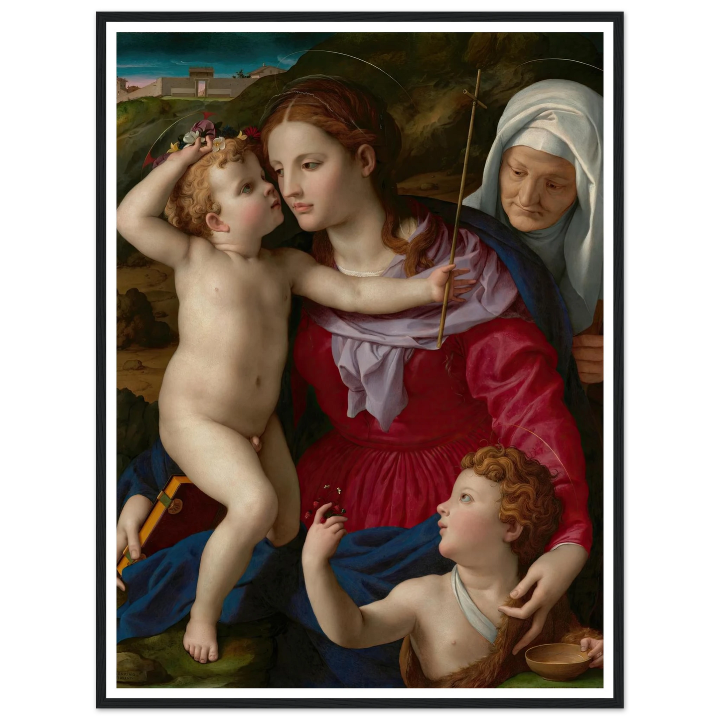 Virgin and Child with Saint Elizabeth and Saint John the Baptist (1540–1545) Art Print | Agnolo Bronzino - Framed Poster - 30x40 cm / 12x16″ - Black frame