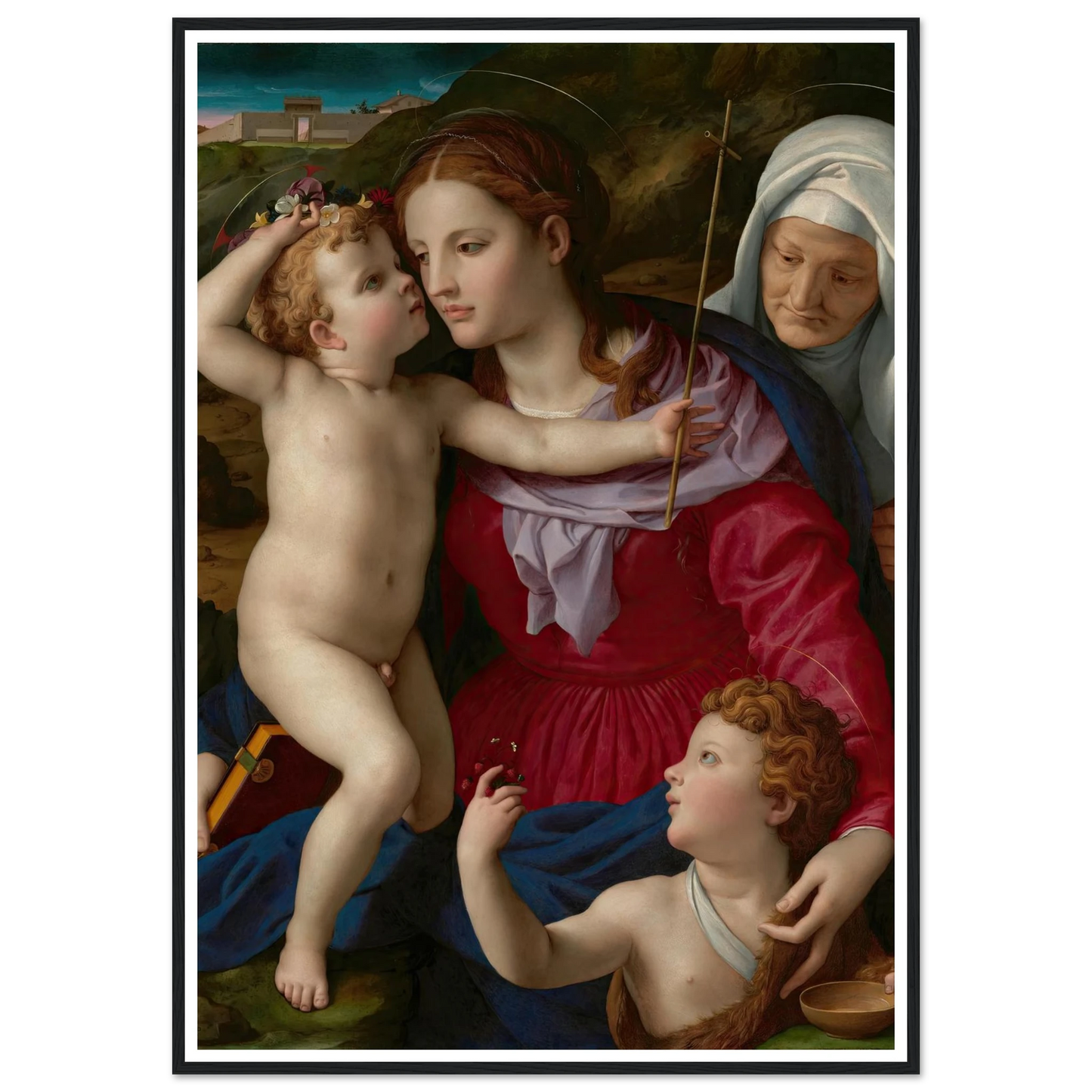 Virgin and Child with Saint Elizabeth and Saint John the Baptist (1540–1545) Art Print | Agnolo Bronzino - Framed Poster - 30x40 cm / 12x16″ - Black frame