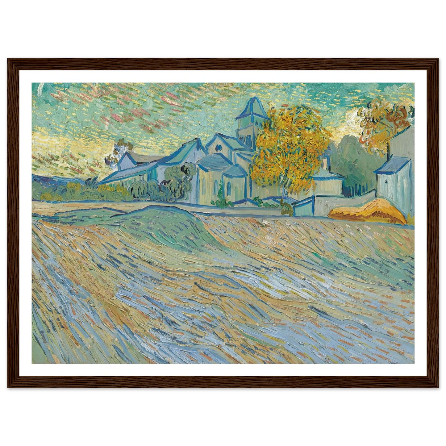 Vue de l’asile et de la Chapelle Saint-Paul de Mausole (Saint-Rémy) (1889) Art Print | Vincent van Gogh - Framed Poster - 30x40 cm / 12x16″ - Black frame