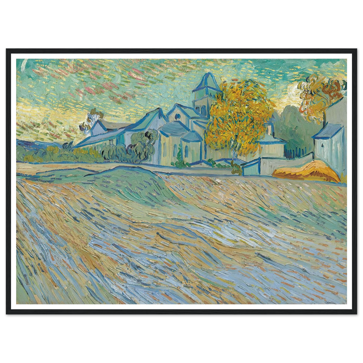 Vue de l’asile et de la Chapelle Saint-Paul de Mausole (Saint-Rémy) (1889) Art Print | Vincent van Gogh - Framed Poster - 30x40 cm / 12x16″ - Black frame