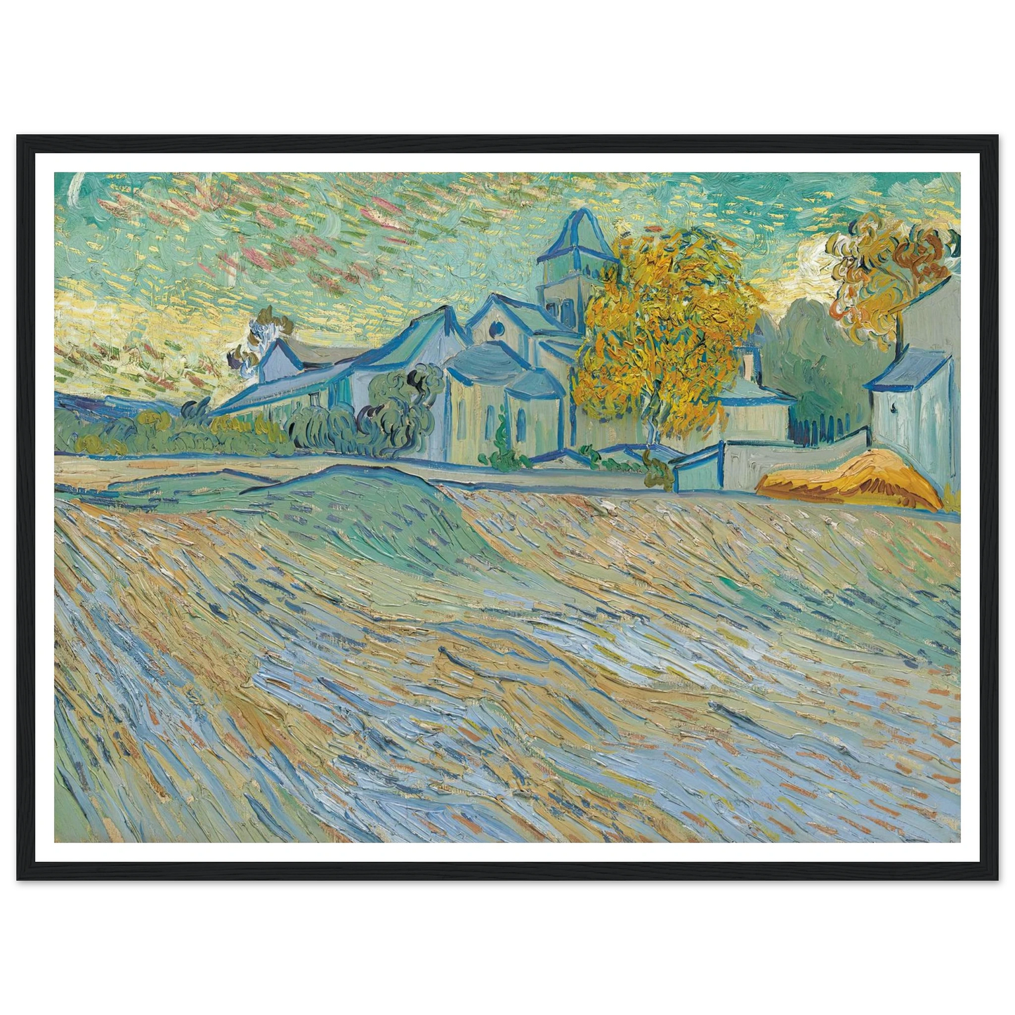 Vue de l’asile et de la Chapelle Saint-Paul de Mausole (Saint-Rémy) (1889) Art Print | Vincent van Gogh - Framed Poster - 30x40 cm / 12x16″ - Black frame