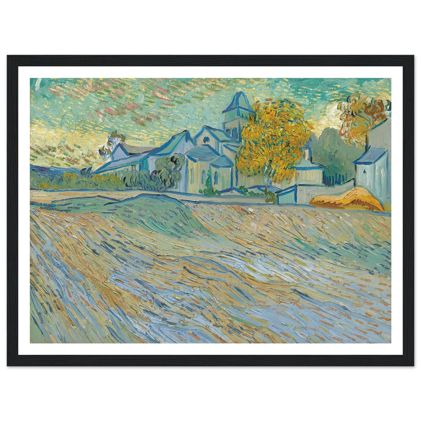 Vue de l’asile et de la Chapelle Saint-Paul de Mausole (Saint-Rémy) (1889) Art Print | Vincent van Gogh - Framed Poster - 30x40 cm / 12x16″ - Black frame