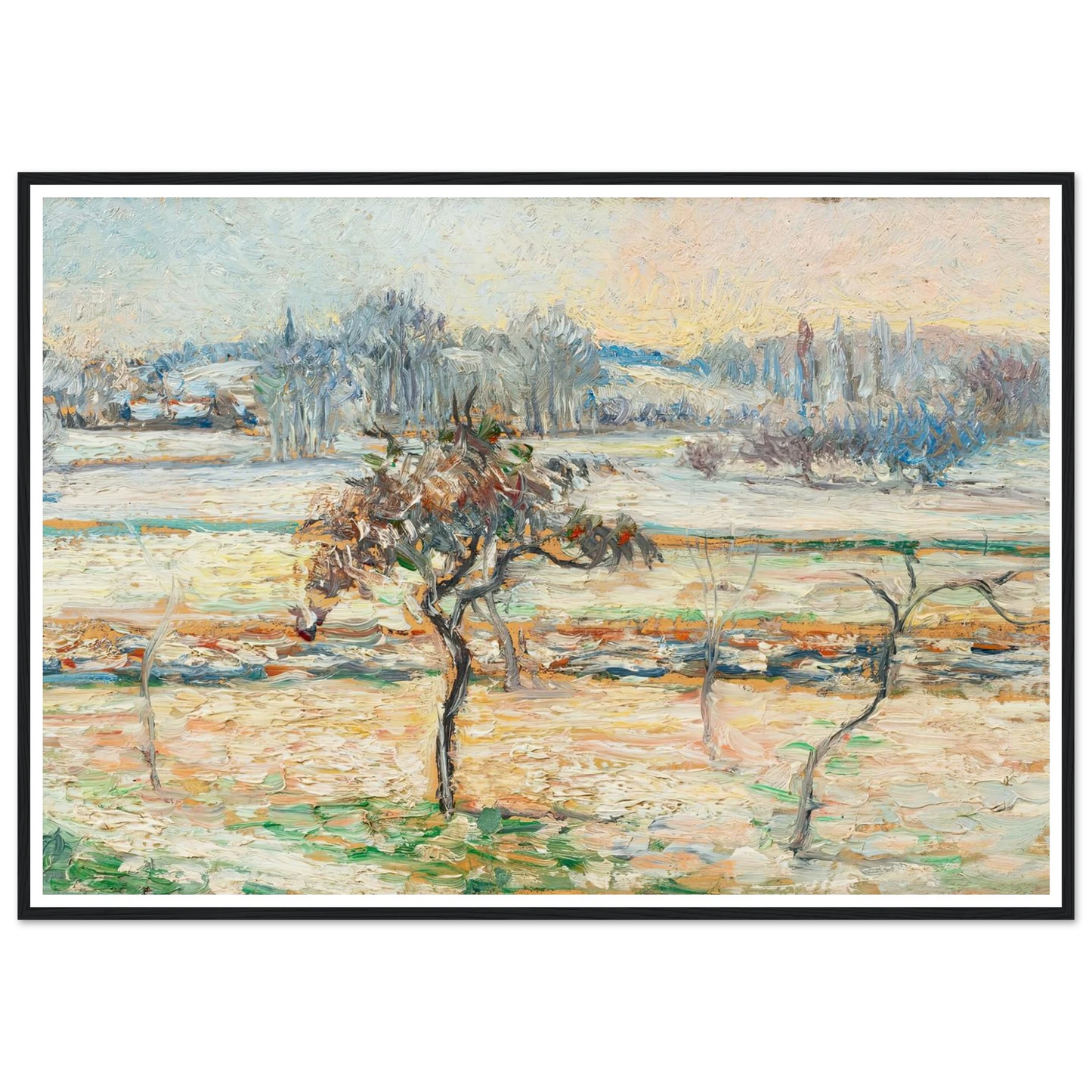Vue sur le village de Bazincourt, neige Art Print | Camille Pissarro - Framed Poster - 30x40 cm / 12x16″ - Black frame