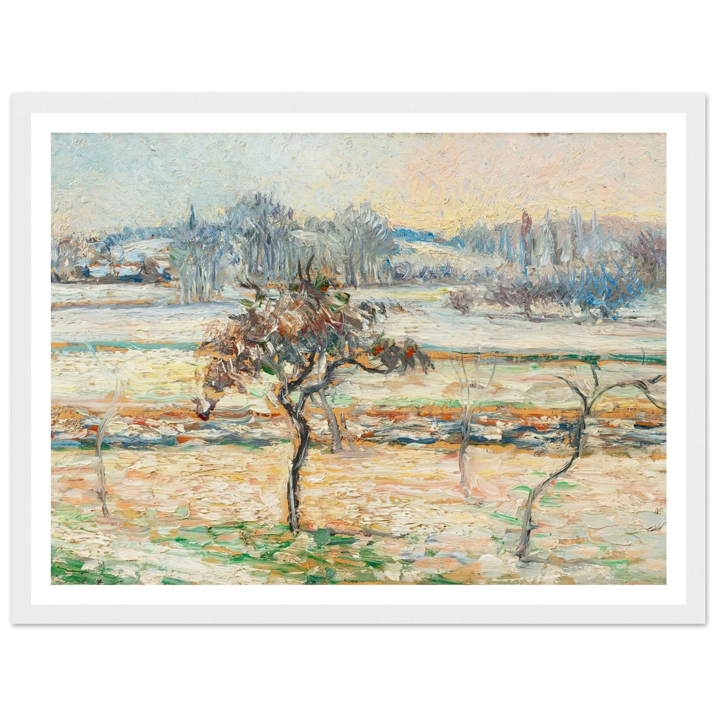 Vue sur le village de Bazincourt, neige Art Print | Camille Pissarro - Framed Poster - 30x40 cm / 12x16″ - Black frame