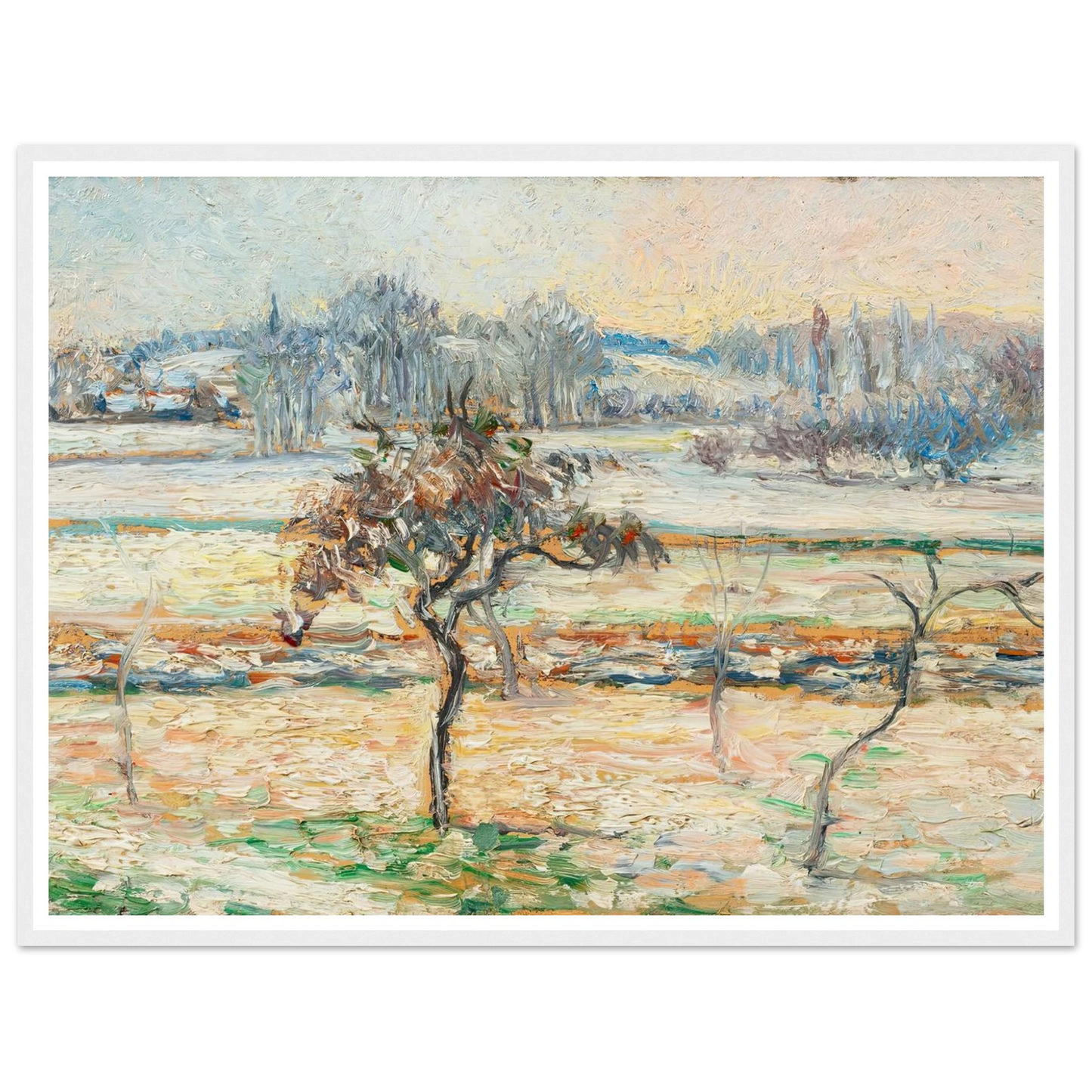 Vue sur le village de Bazincourt, neige Art Print | Camille Pissarro - Framed Poster - 30x40 cm / 12x16″ - Black frame