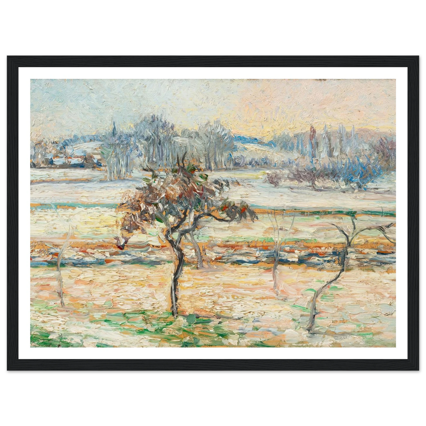 Vue sur le village de Bazincourt, neige Art Print | Camille Pissarro - Framed Poster - 30x40 cm / 12x16″ - Black frame
