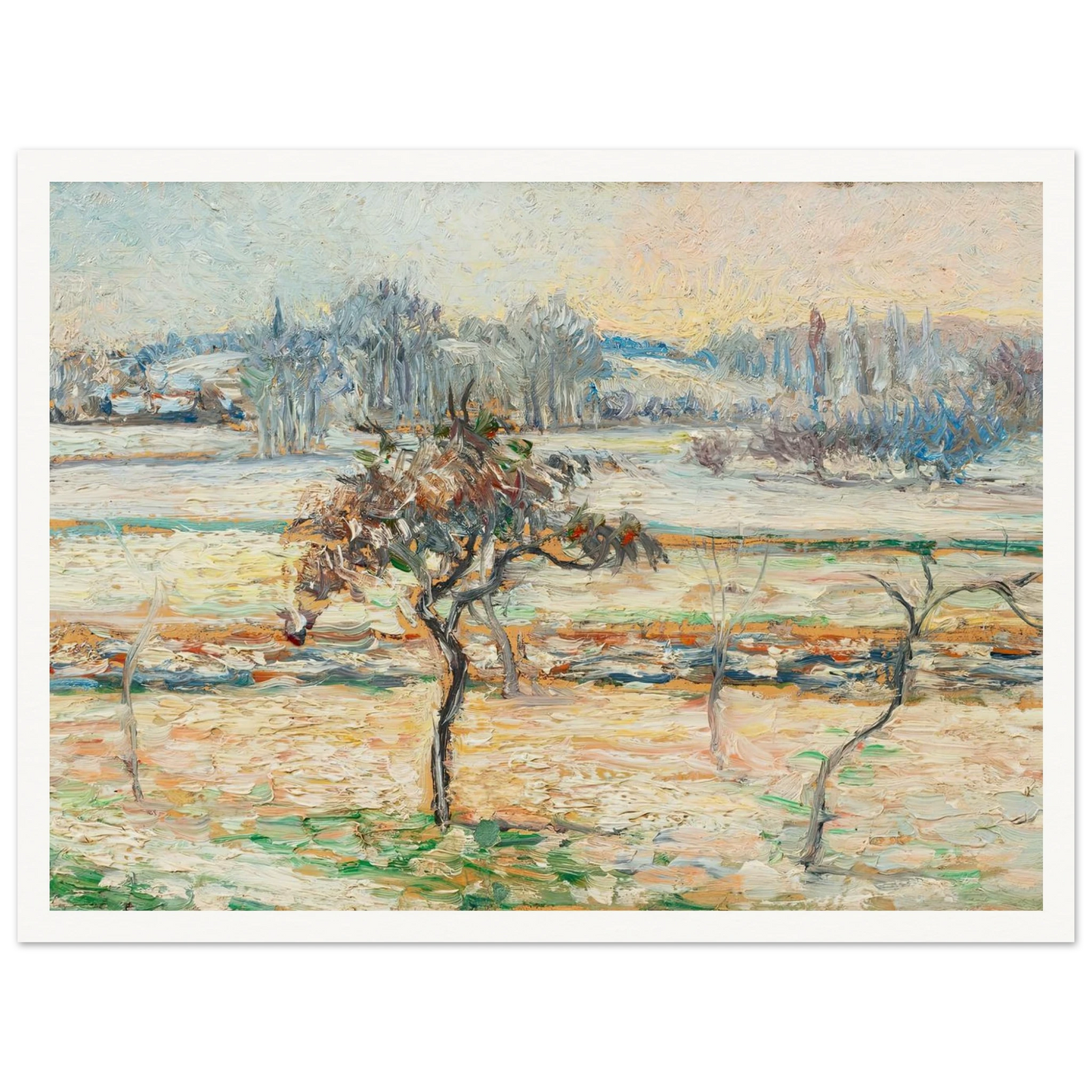 Vue sur le village de Bazincourt, neige Art Print | Camille Pissarro - Framed Poster - 30x40 cm / 12x16″ - Black frame
