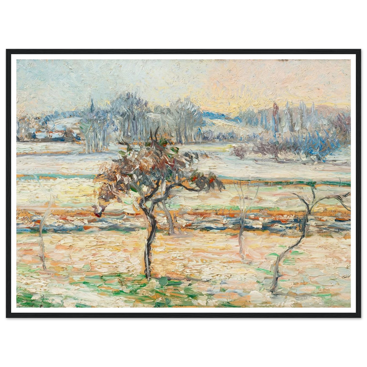 Vue sur le village de Bazincourt, neige Art Print | Camille Pissarro - Framed Poster - 30x40 cm / 12x16″ - Black frame