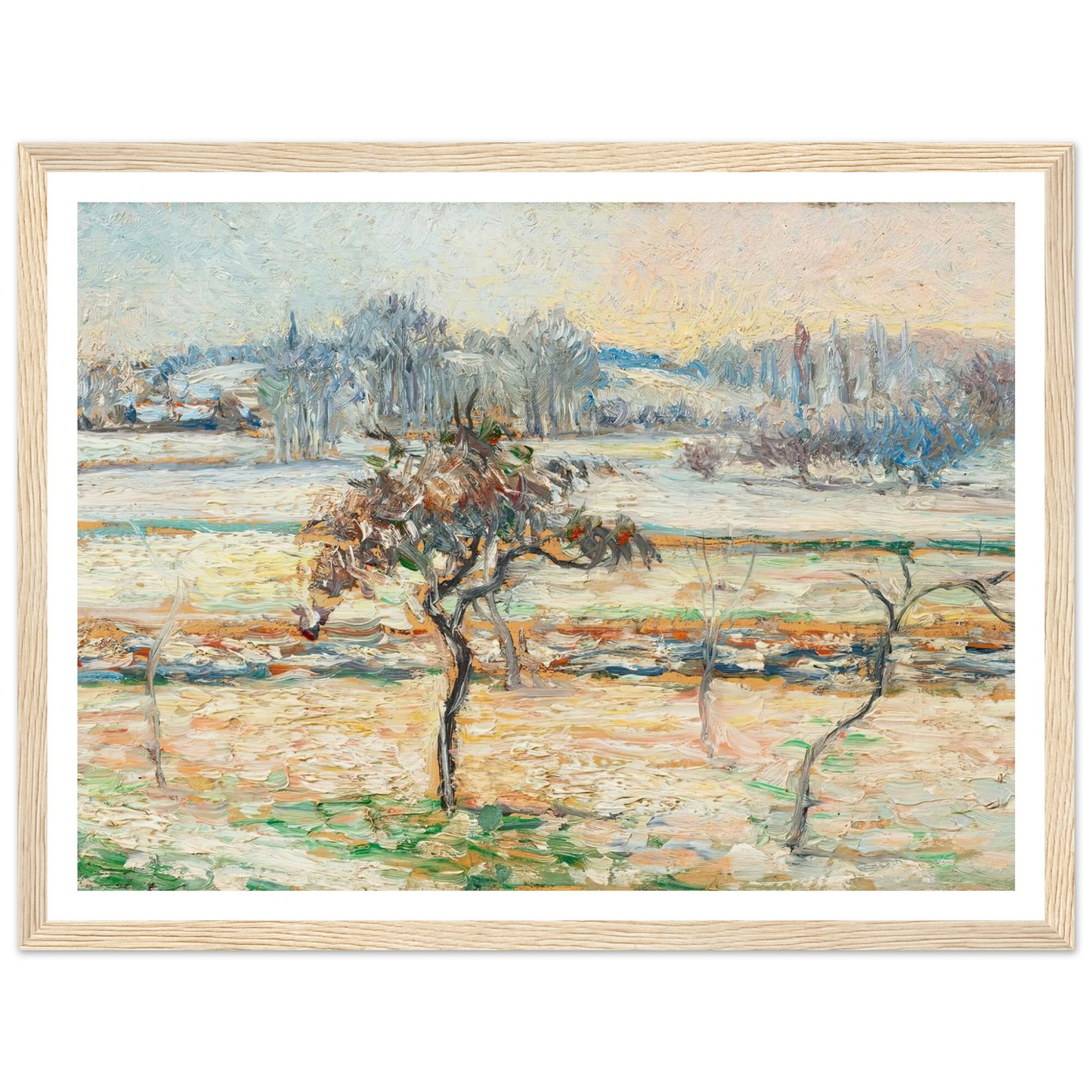 Vue sur le village de Bazincourt, neige Art Print | Camille Pissarro - Framed Poster - 30x40 cm / 12x16″ - Black frame