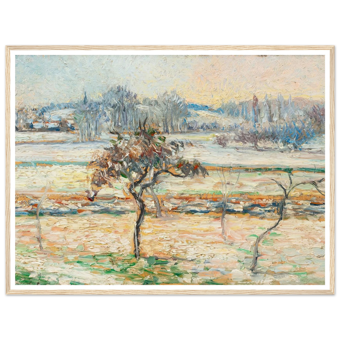 Vue sur le village de Bazincourt, neige Art Print | Camille Pissarro - Framed Poster - 30x40 cm / 12x16″ - Black frame