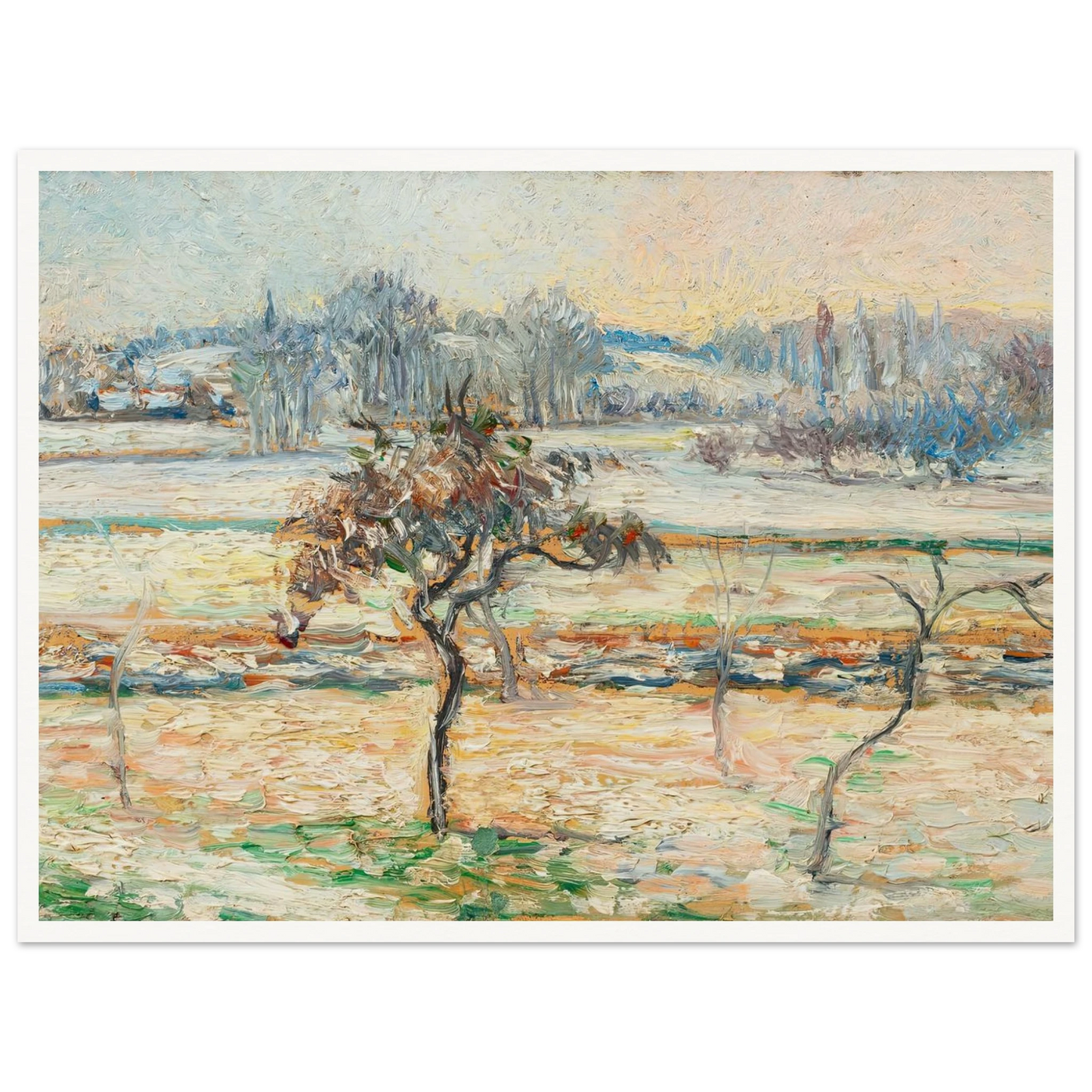 Vue sur le village de Bazincourt, neige Art Print | Camille Pissarro - Framed Poster - 30x40 cm / 12x16″ - Black frame