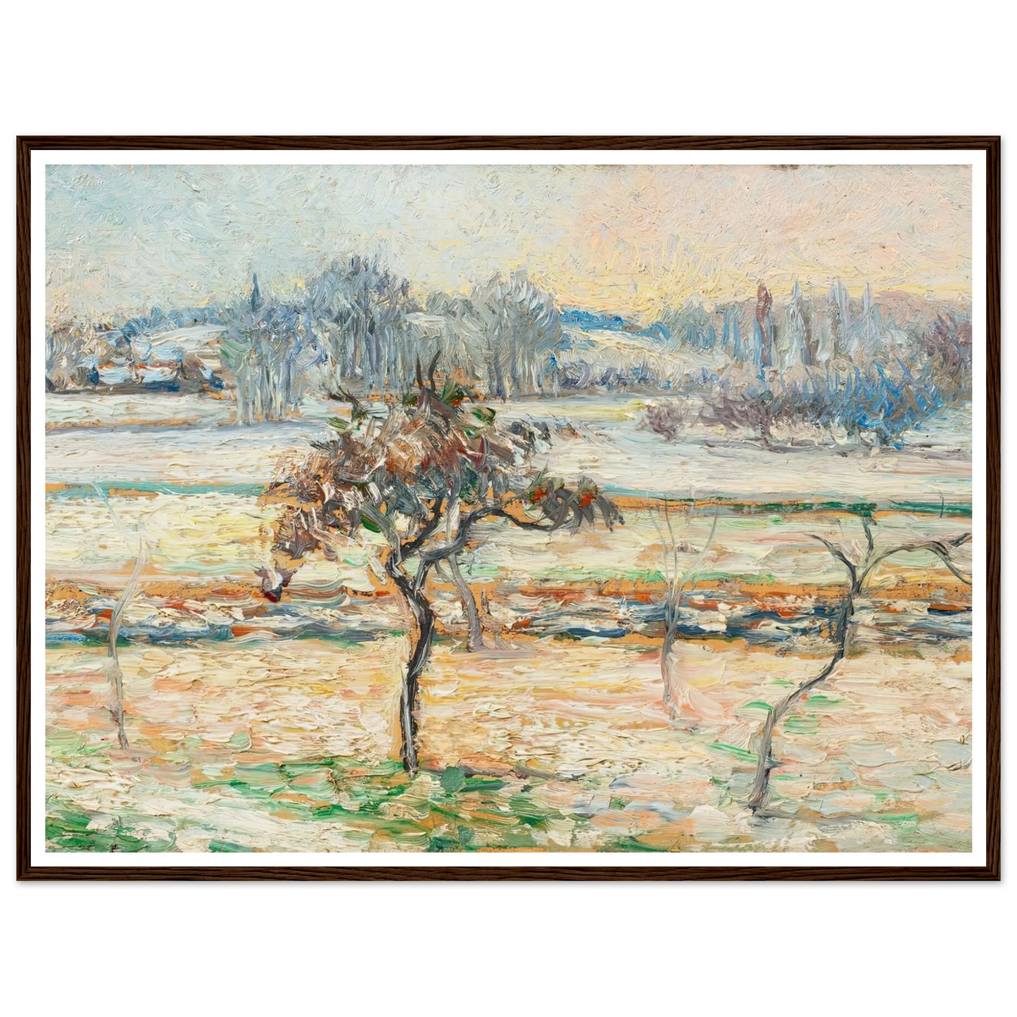Vue sur le village de Bazincourt, neige Art Print | Camille Pissarro - Framed Poster - 30x40 cm / 12x16″ - Black frame