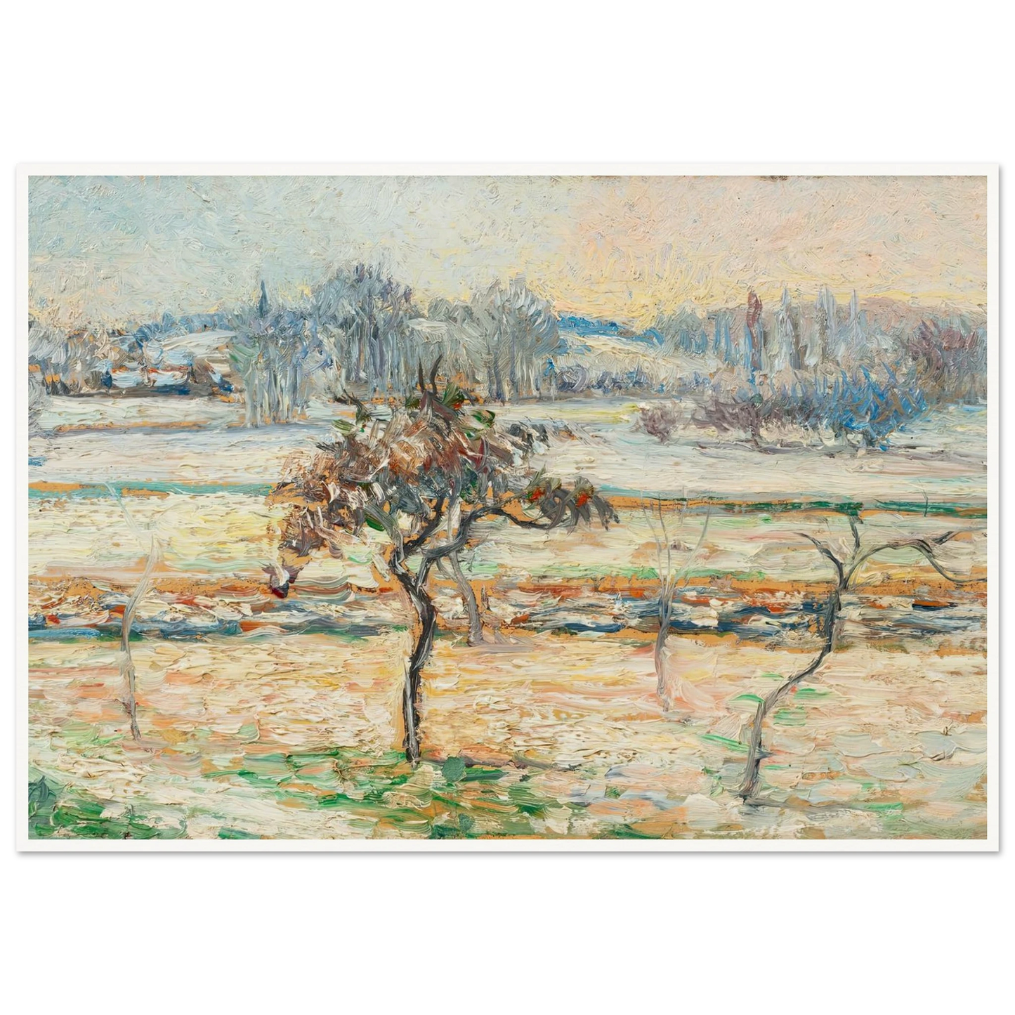 Vue sur le village de Bazincourt, neige Art Print | Camille Pissarro - Framed Poster - 30x40 cm / 12x16″ - Black frame