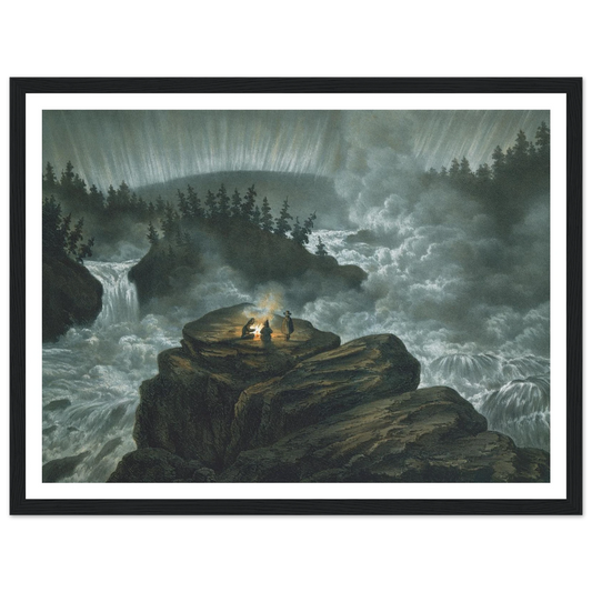 Waterfall and Northern Lights Art Print | Caspar David Friedrich - Framed Poster - 30x40 cm / 12x16″ - Black frame