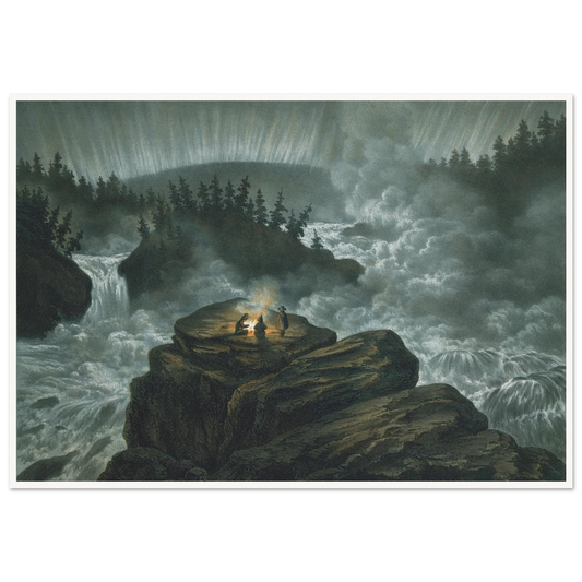 Waterfall and Northern Lights Art Print | Caspar David Friedrich - Framed Poster - 30x40 cm / 12x16″ - Black frame