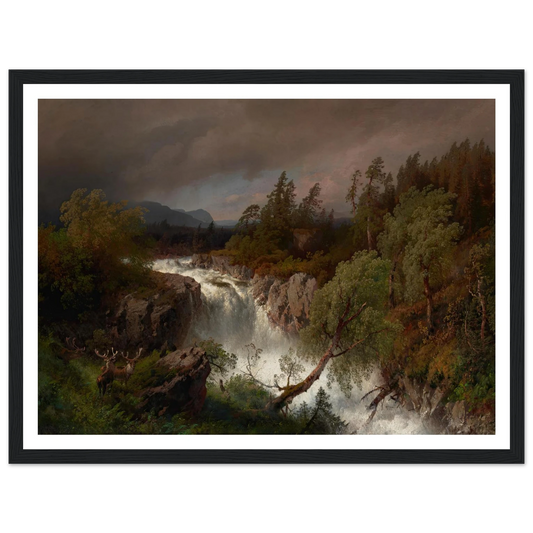Waterfall in Telemarken Norway (1879) Art Print | Hermann Ottomar Herzog - Framed Poster - 30x40 cm / 12x16″ - Black frame