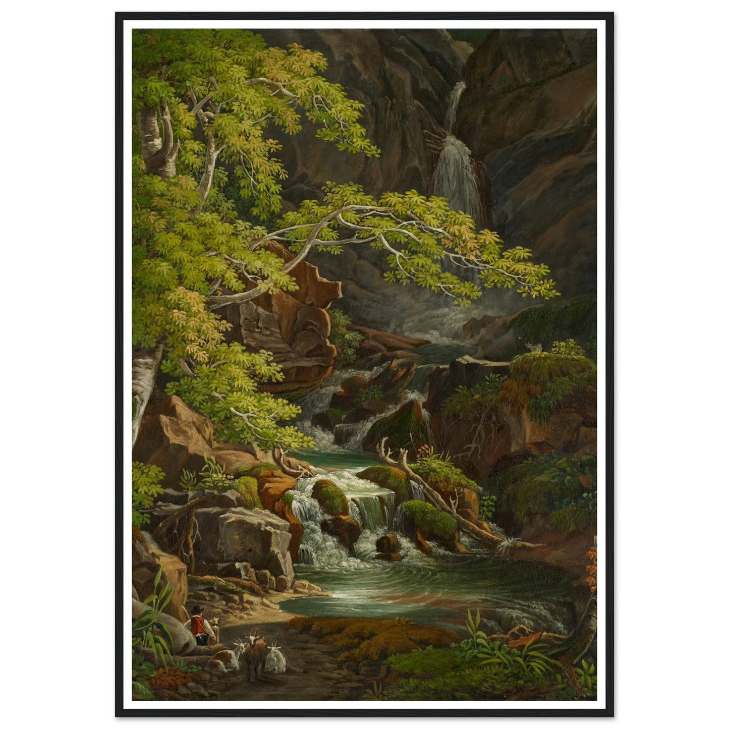 Waterfall in the Münster Valley Art Print | Peter Birmann - Framed Poster - 30x40 cm / 12x16″ - Black frame
