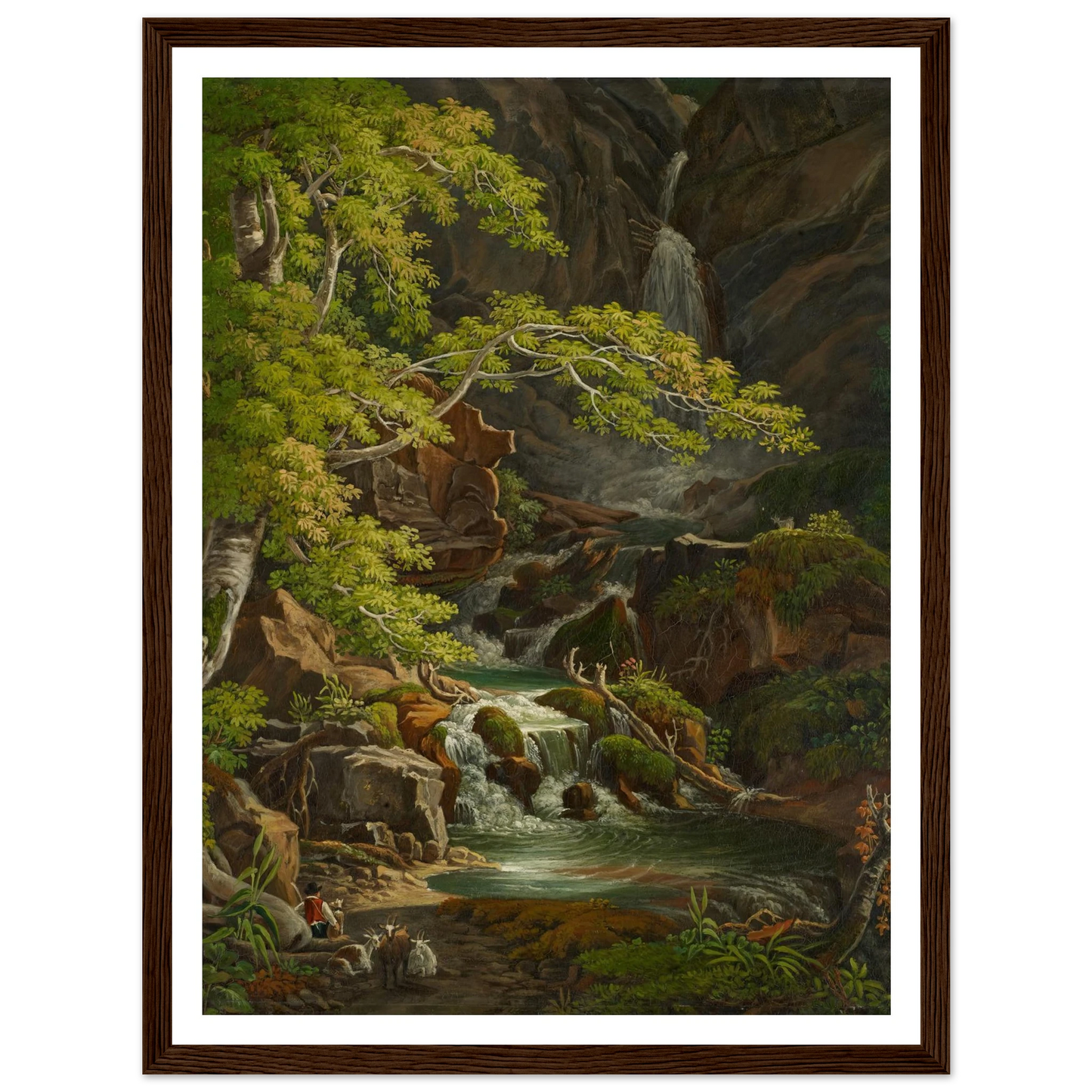 Waterfall in the Münster Valley Art Print | Peter Birmann - Framed Poster - 30x40 cm / 12x16″ - Black frame