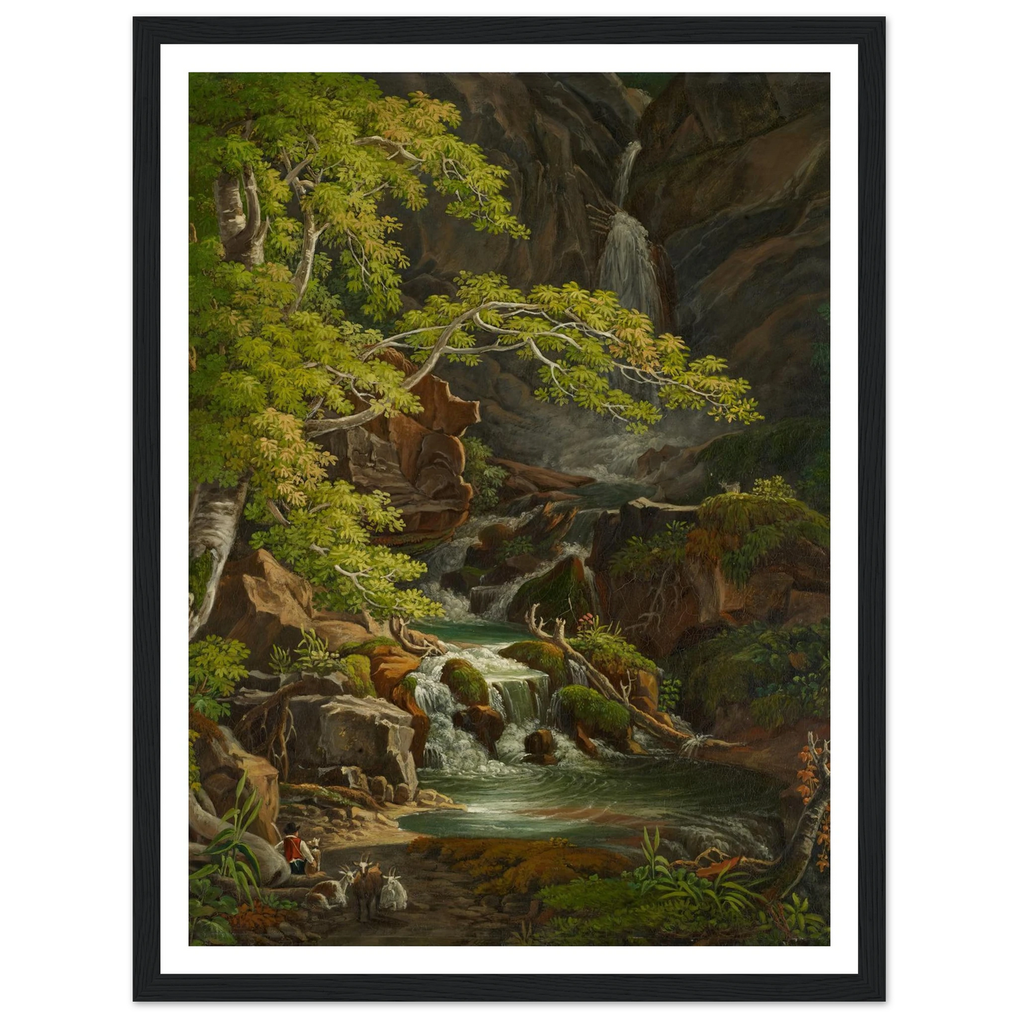 Waterfall in the Münster Valley Art Print | Peter Birmann - Framed Poster - 30x40 cm / 12x16″ - Black frame